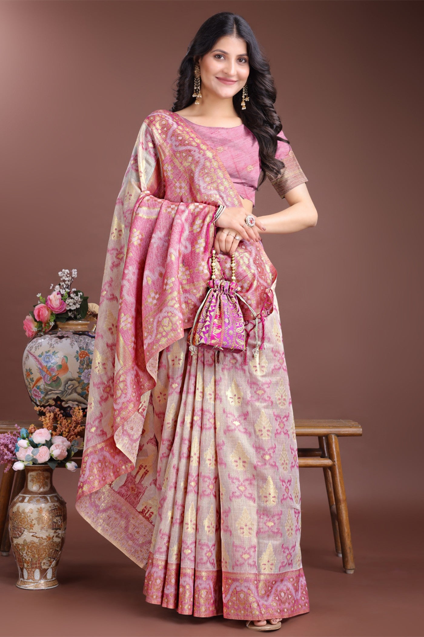 MySilkLove Moranch Pink Linen Cotton Saree