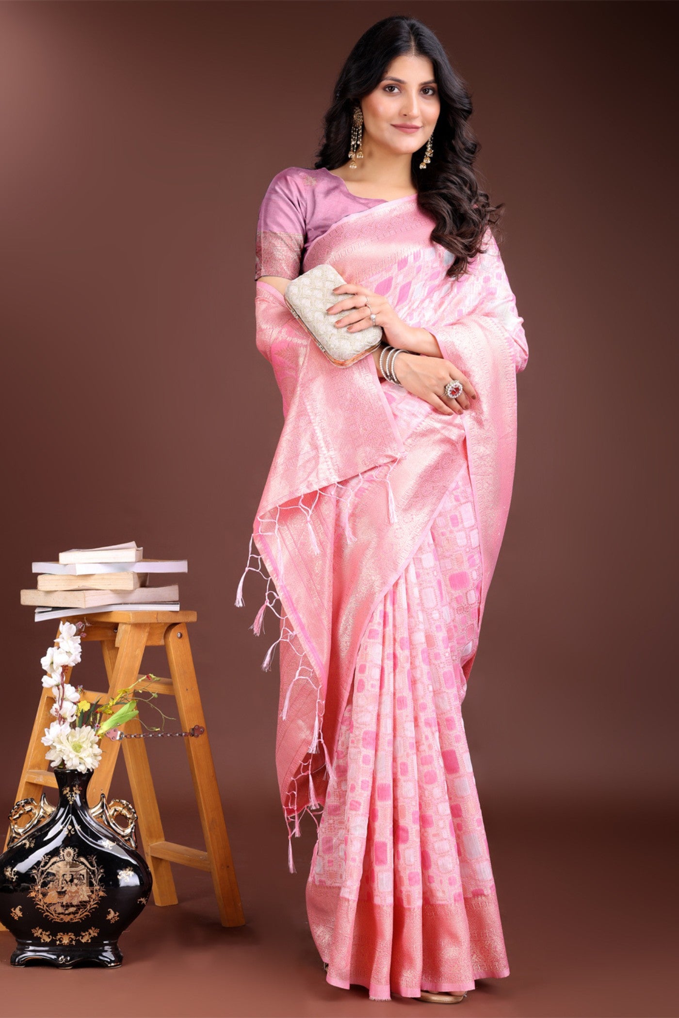 MySilkLove Cherry Pink Woven Linen Cotton Saree