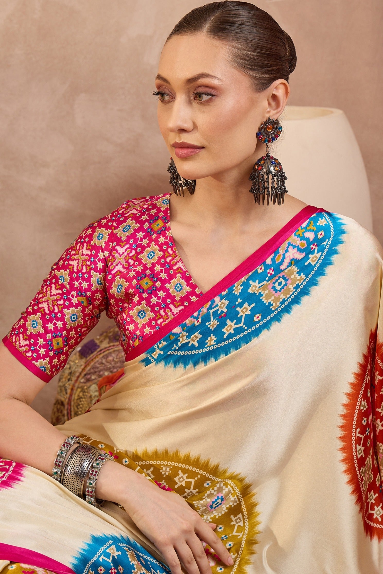 MySilkLove Dutch Cream and Pink Modal Ajrakh Printed Silk Saree
