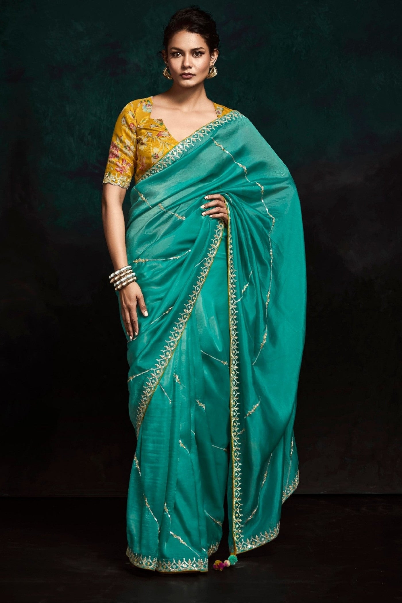 Buy MySilkLove Ocean Green Embroidered Tissue Designer Saree Online