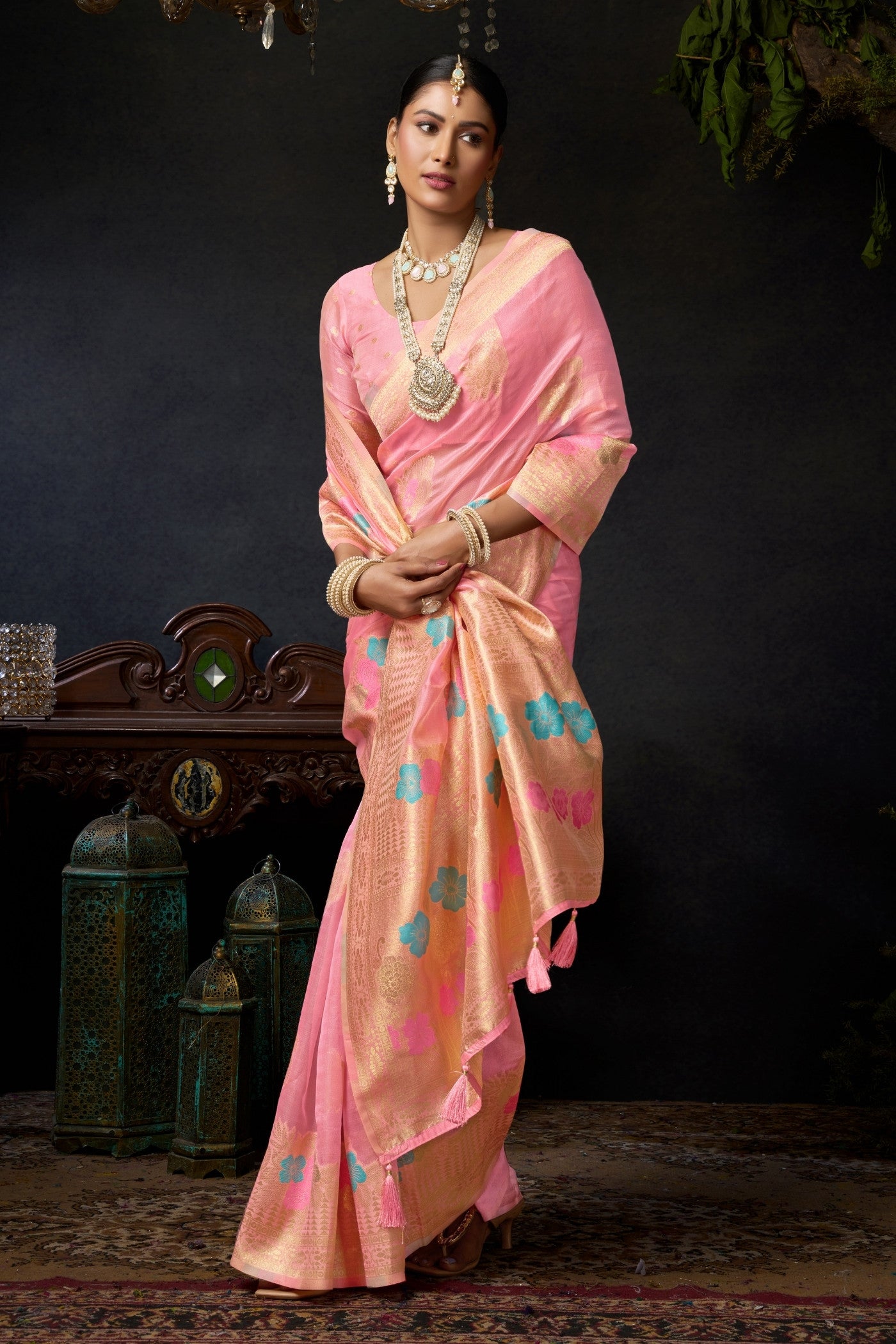 Buy MySilkLove Cupid Pink Woven Banarasi Organza Saree Online