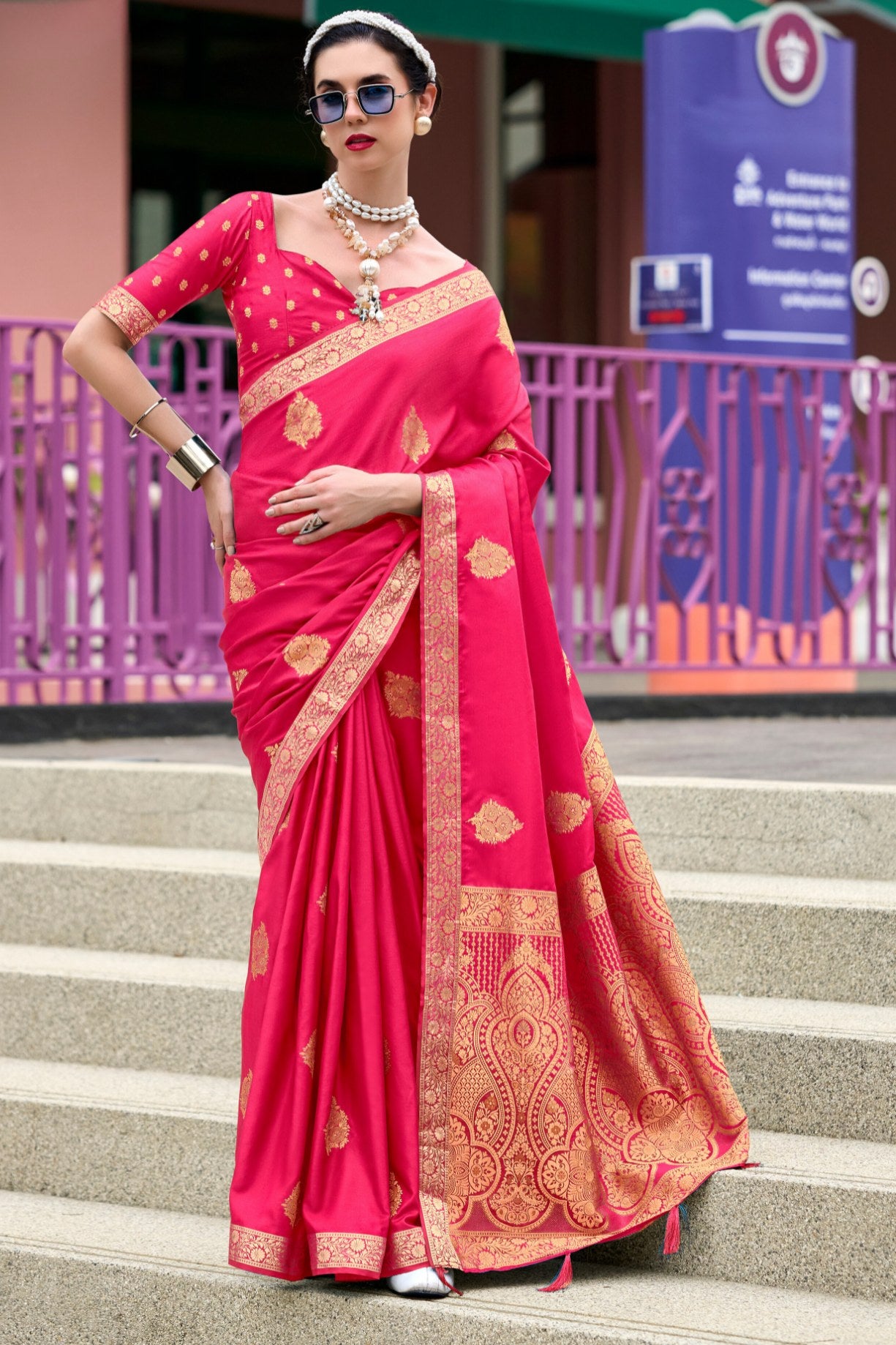 Buy MySilkLove Crimson Pink Banarasi Handloom Satin Saree Online