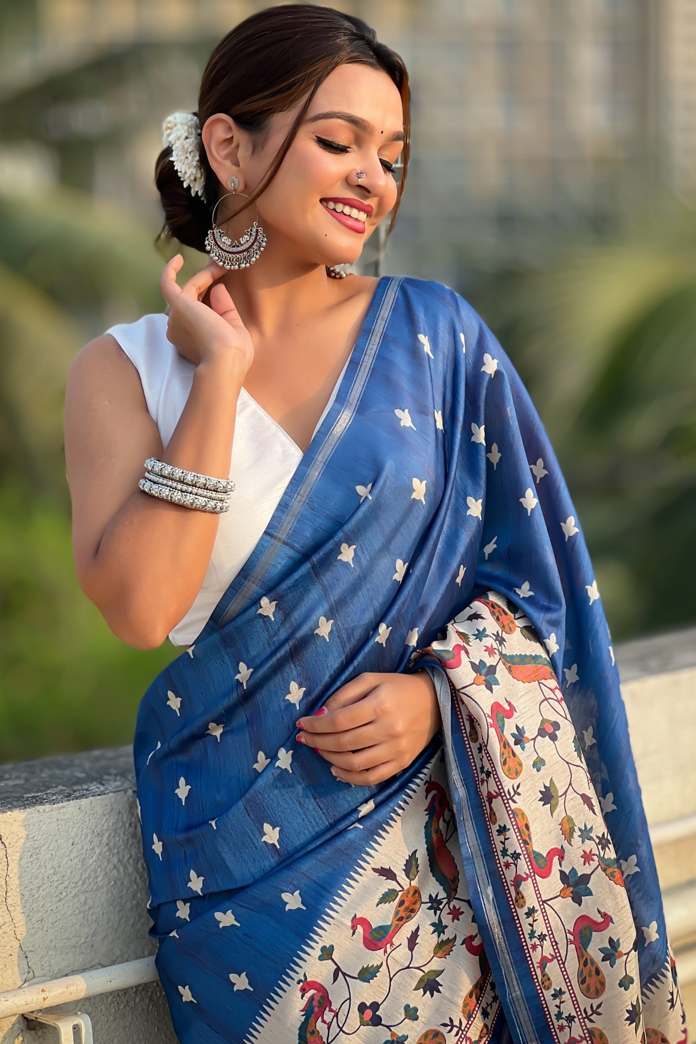 Buy MySilkLove Royal Blue Floral Printed Kalamkari Saree Online