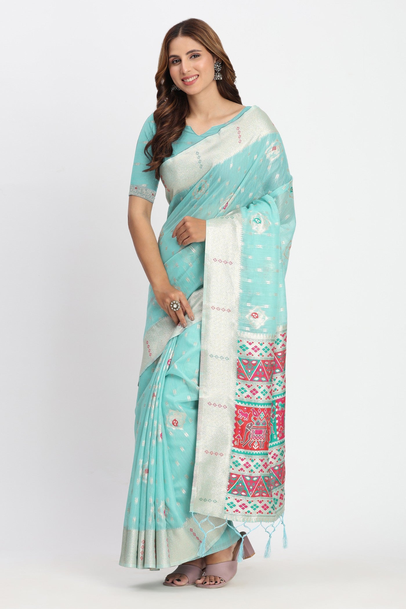 Buy MySilkLove Oeean Blue Woven Linen Cotton Saree Online