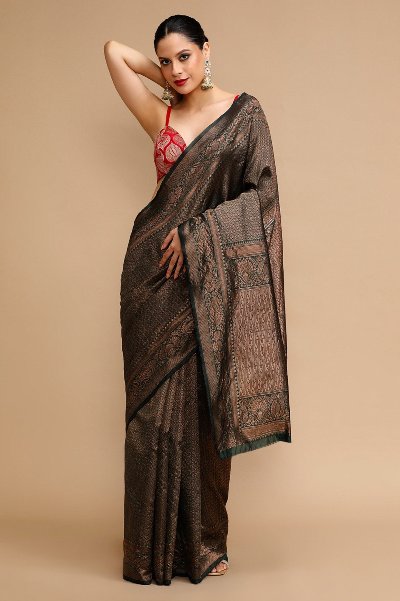 Buy MySilkLove Pecan Brown Woven Jacquard Lichi Silk Saree Online