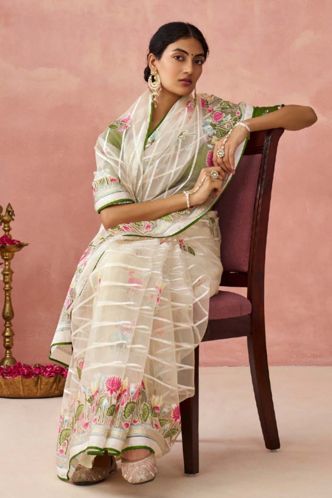 MySilkLove Pearl White and Green Brasso Organza Printed Saree