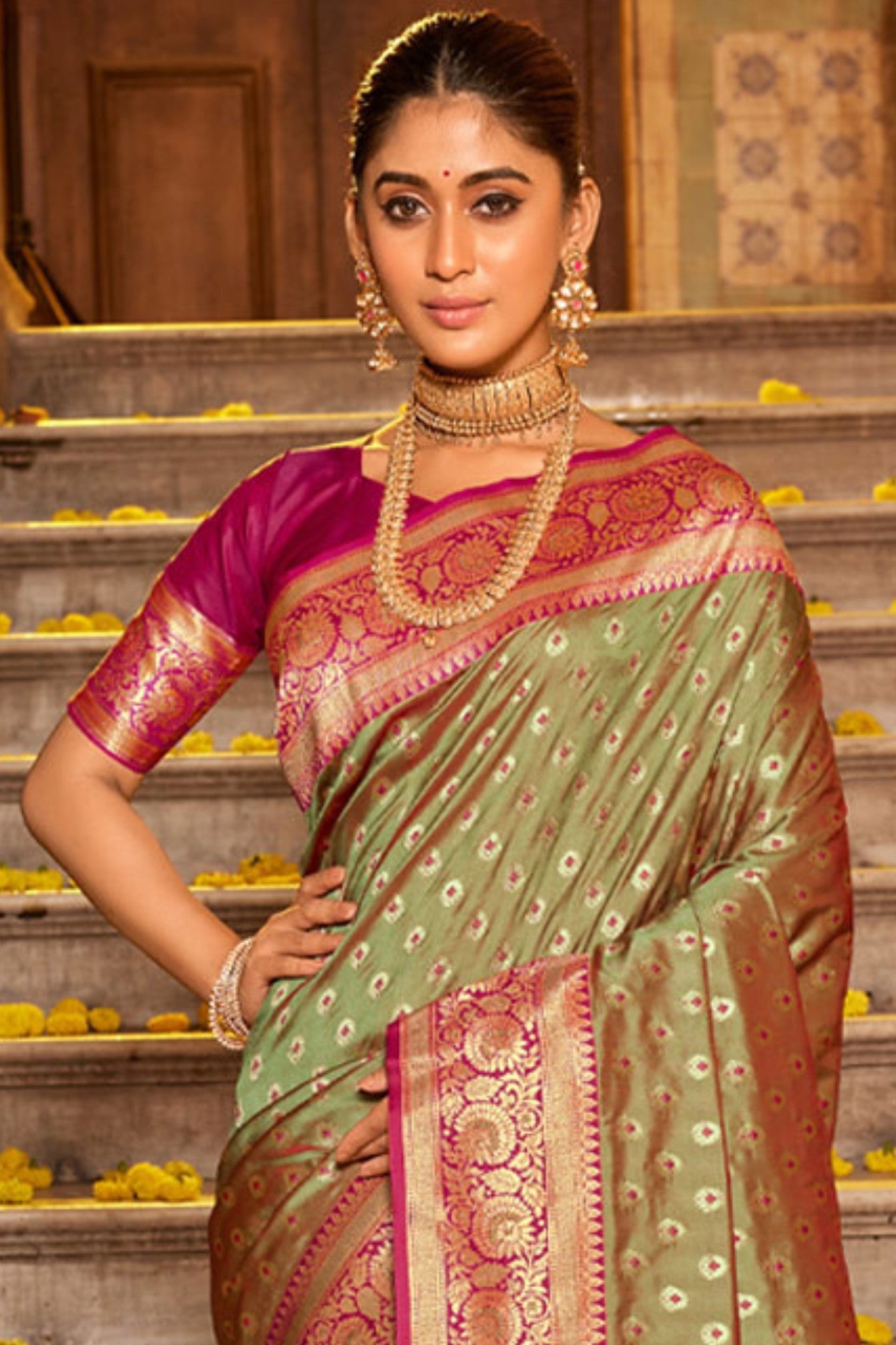 Buy MySilkLove Teak Green Zari Woven Banarasi Saree Online