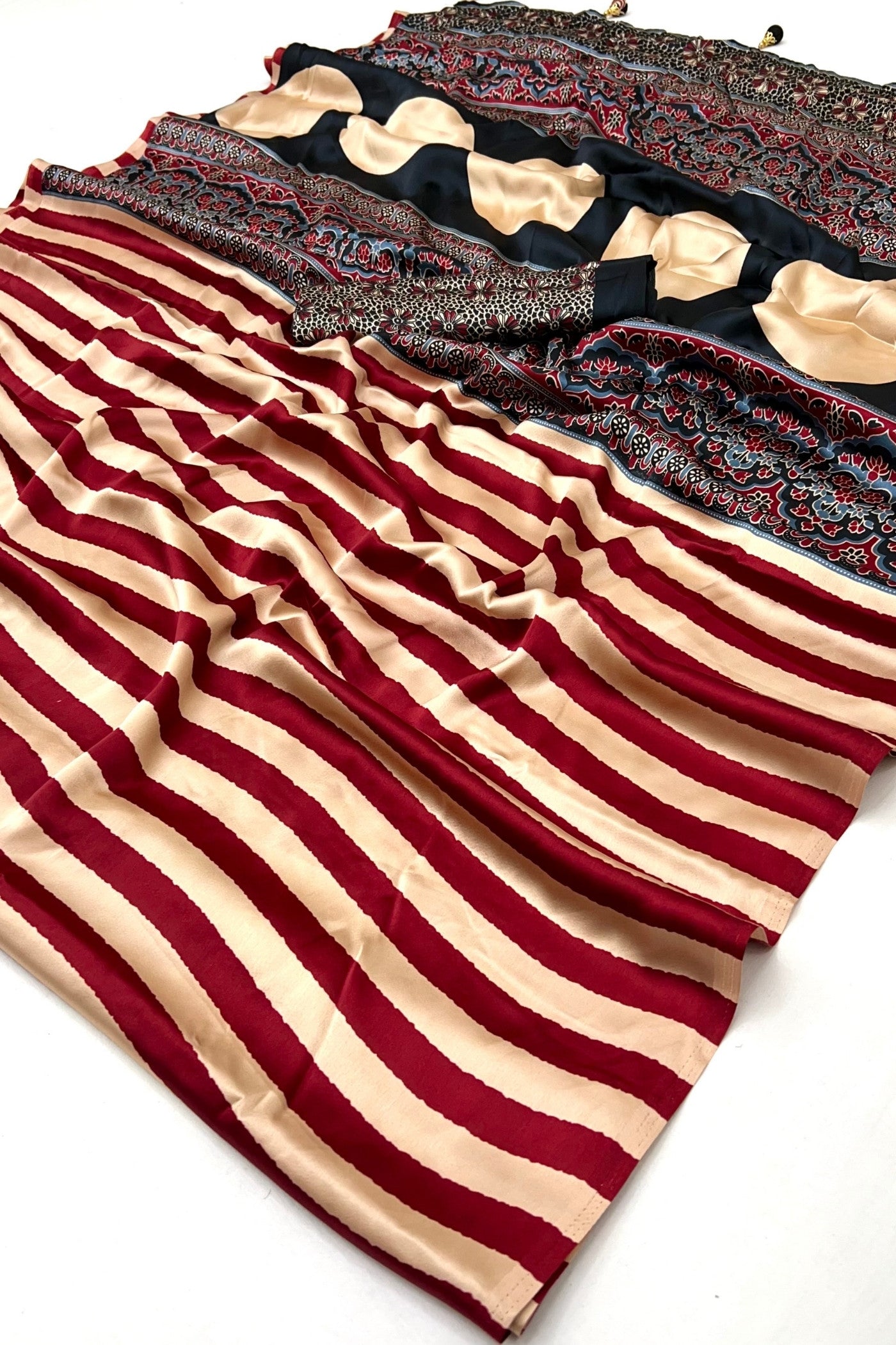 Buy MySilkLove Venetian Red Stripe Ajrakh Printed Satin Gaji Silk Saree Online