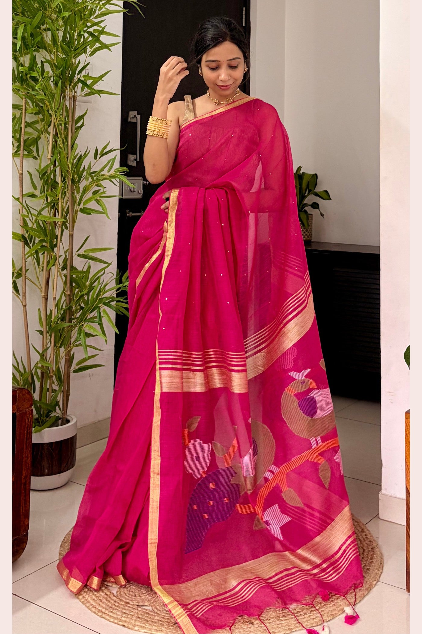 Buy MySilkLove Zinnia Pink Handloom Chanderi Cotton Silk Saree Online