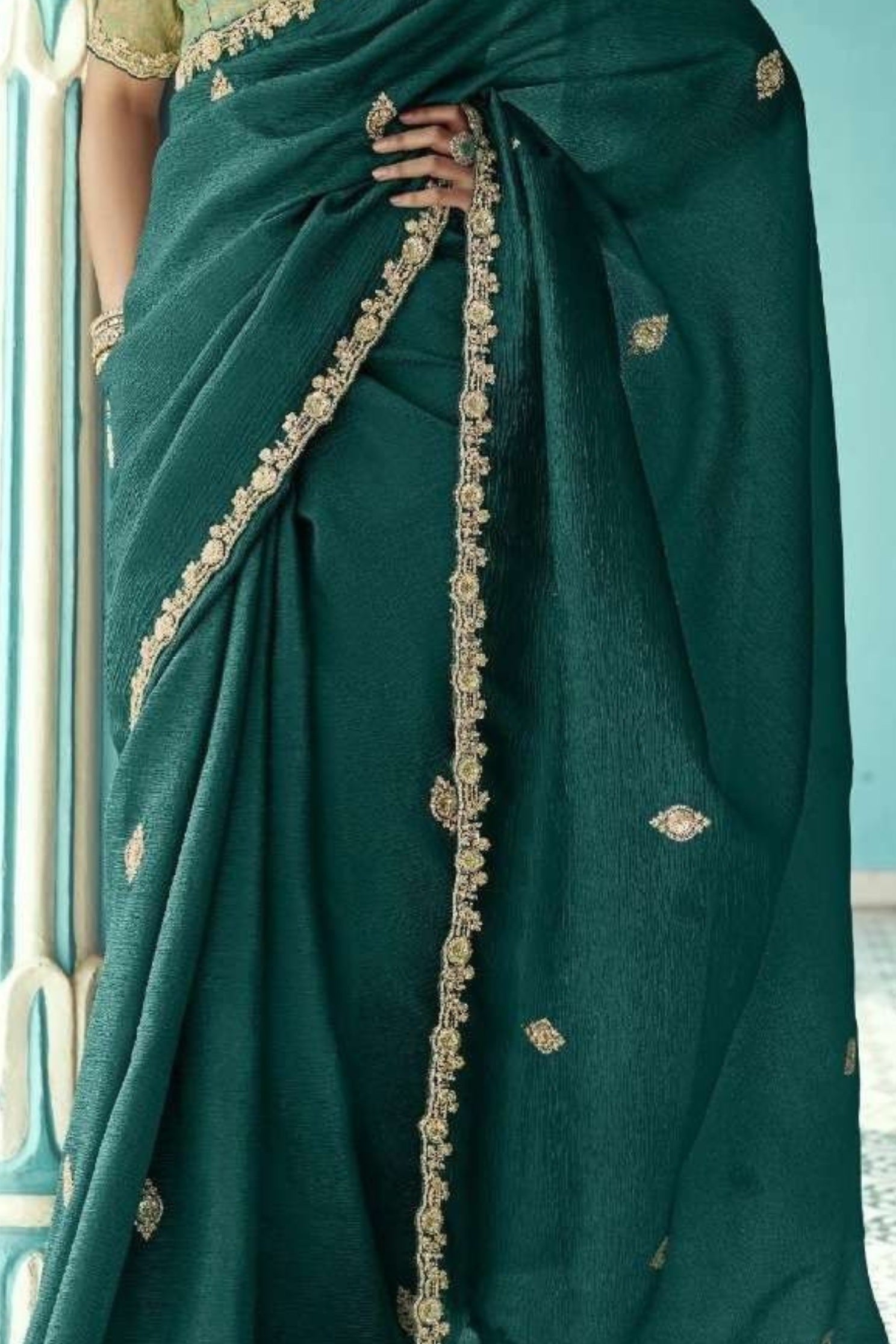 Buy MySilkLove Sherwood Green Embroidered Tissue Designer Saree Online