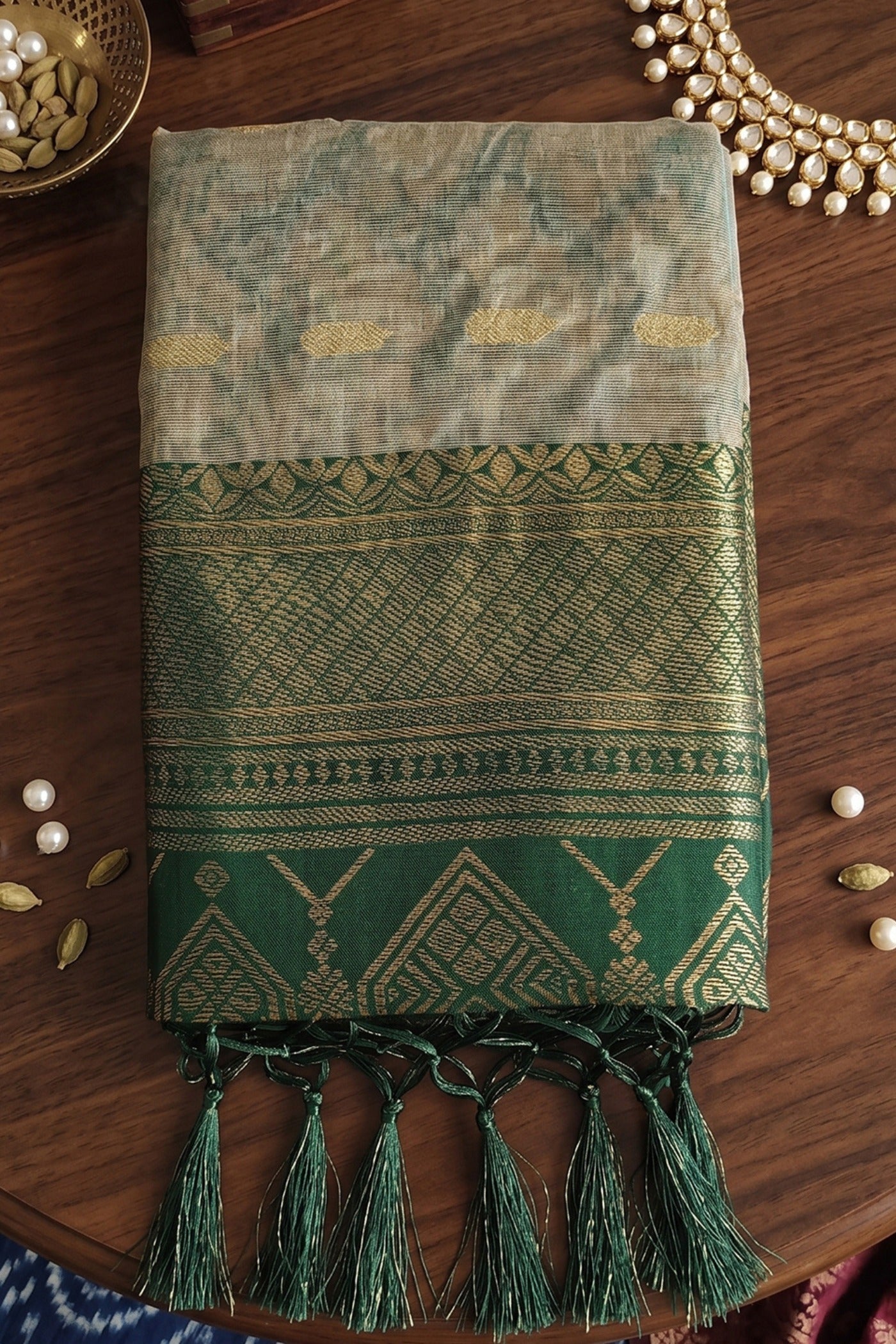 Buy MySilkLove Coconut Cream and Green Woven Banarasi Cotton Saree Online