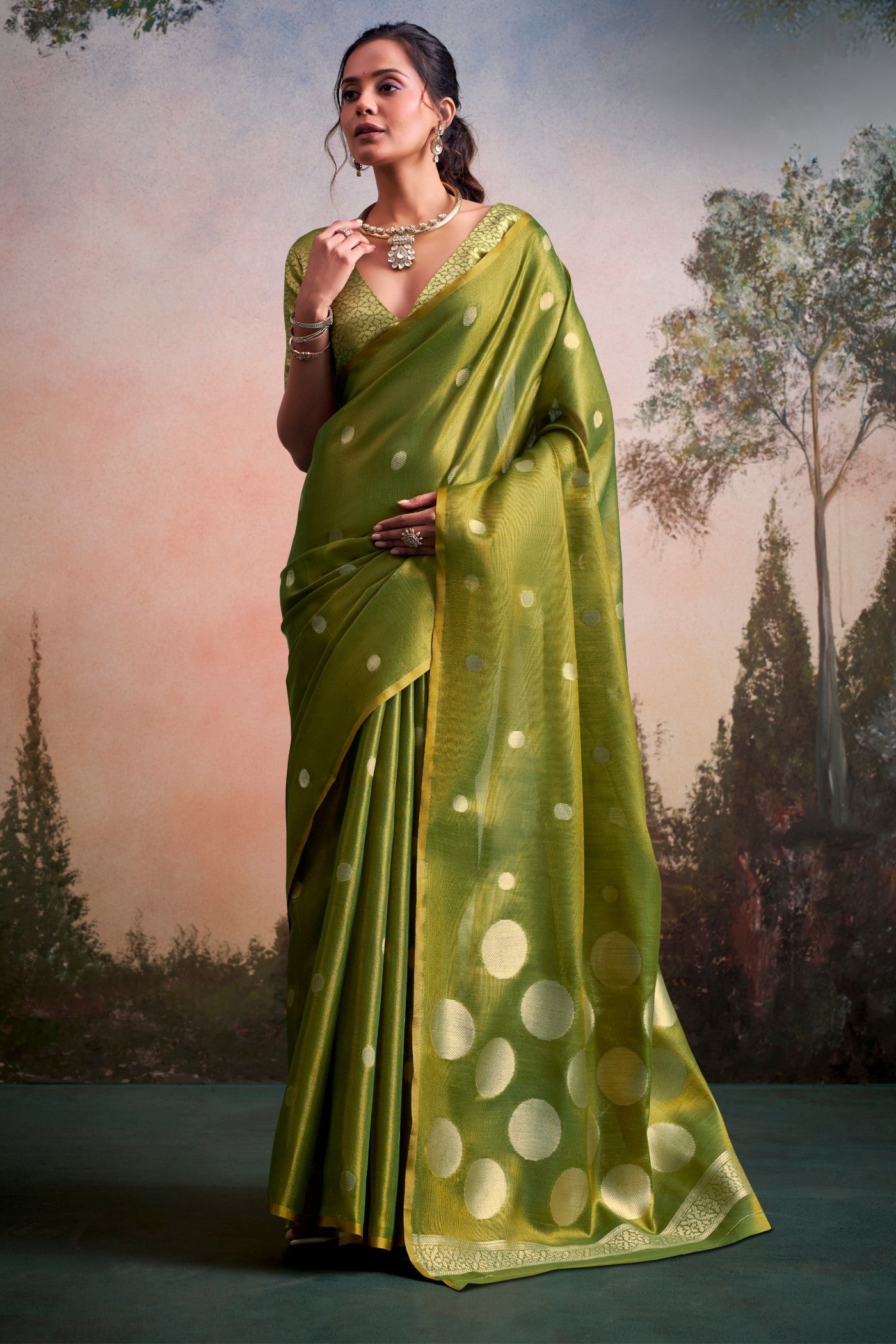 Buy MySilkLove Moss Green Handloom Tissue Saree Online