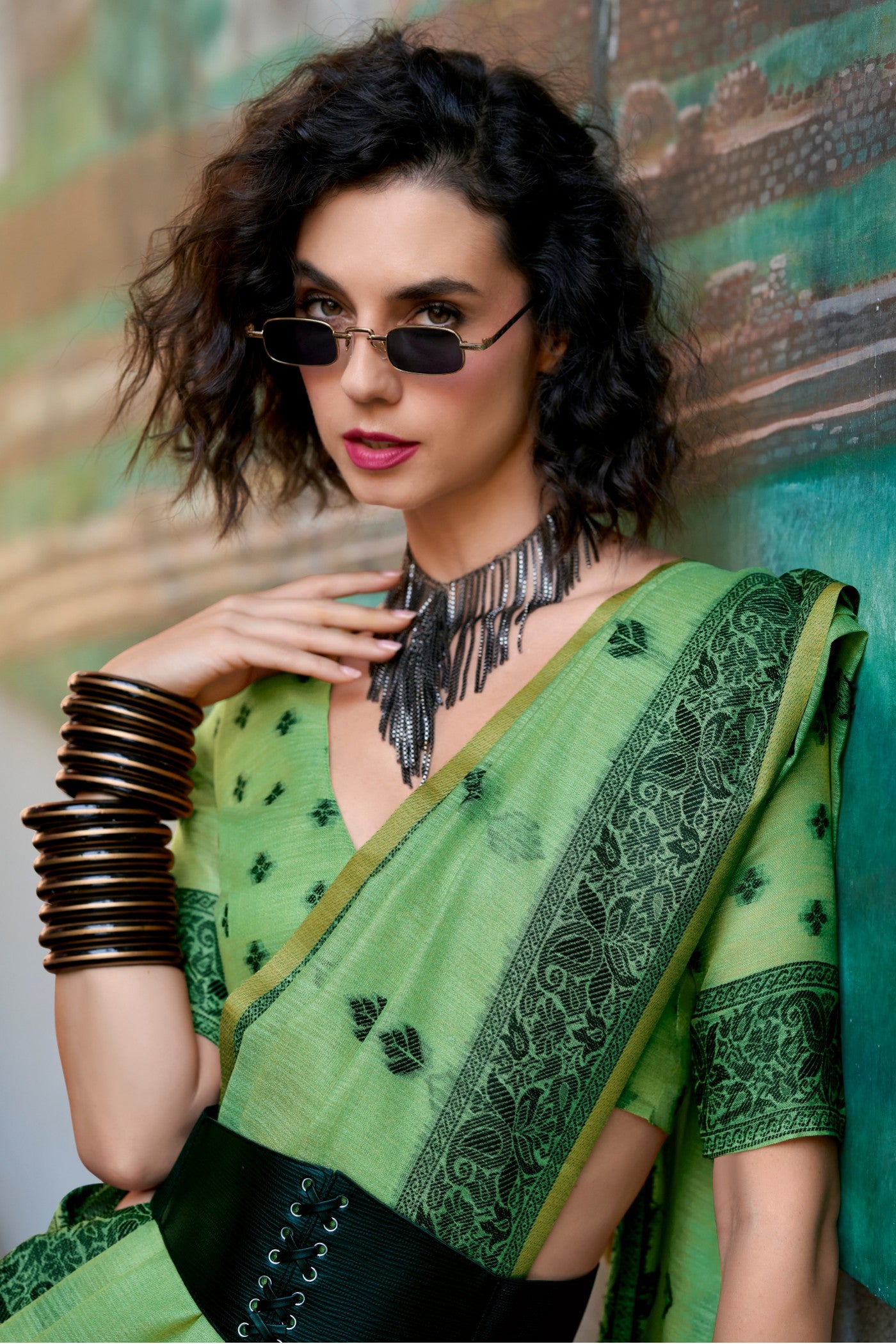 MySilkLove Hunter Green Tissue Linen Saree