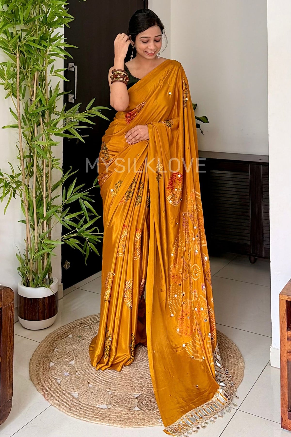 Buy MySilkLove Antique Yellow Satin Printed Bandhani Mirror Work Saree Online