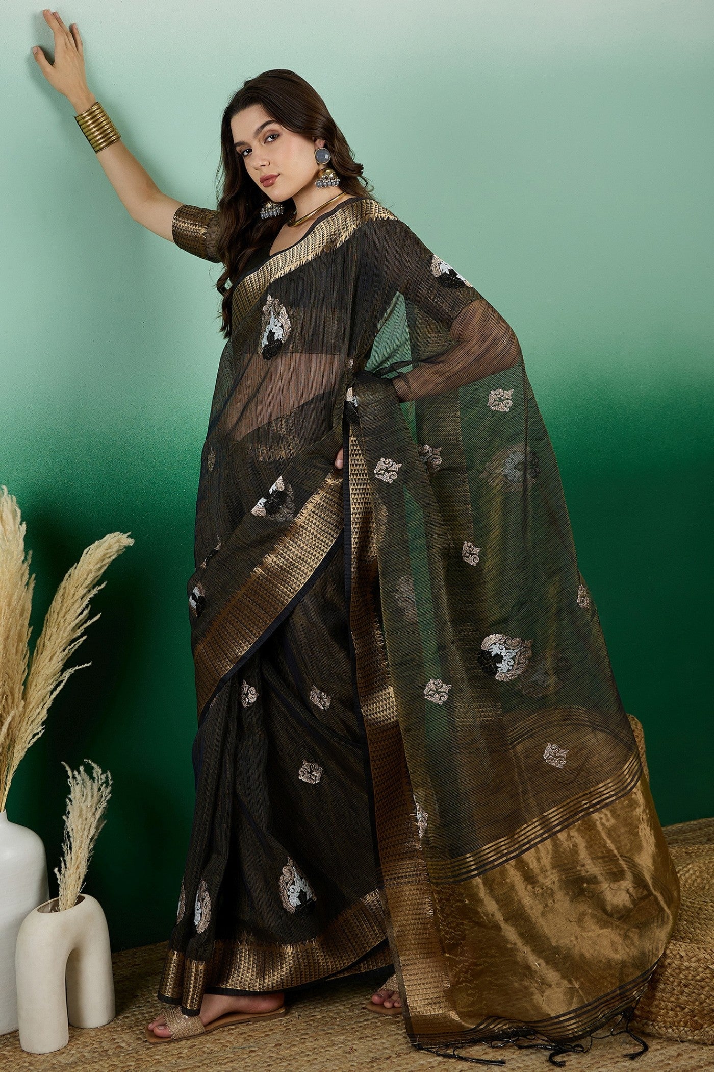 MySilkLove Coral Black Khadi Organza Saree