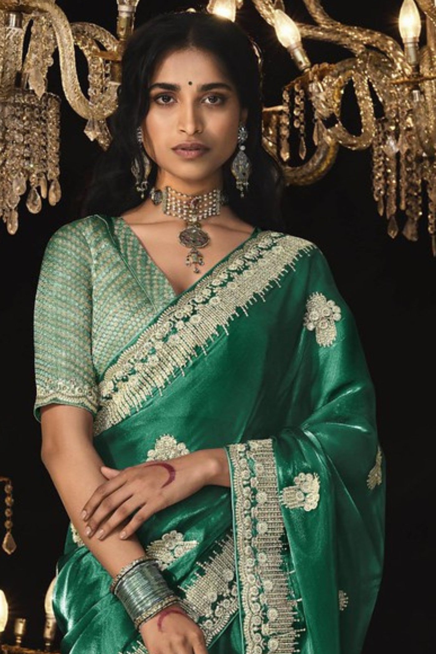 Buy MySilkLove Hunter Green Tissue Embroidered Designer Saree Online