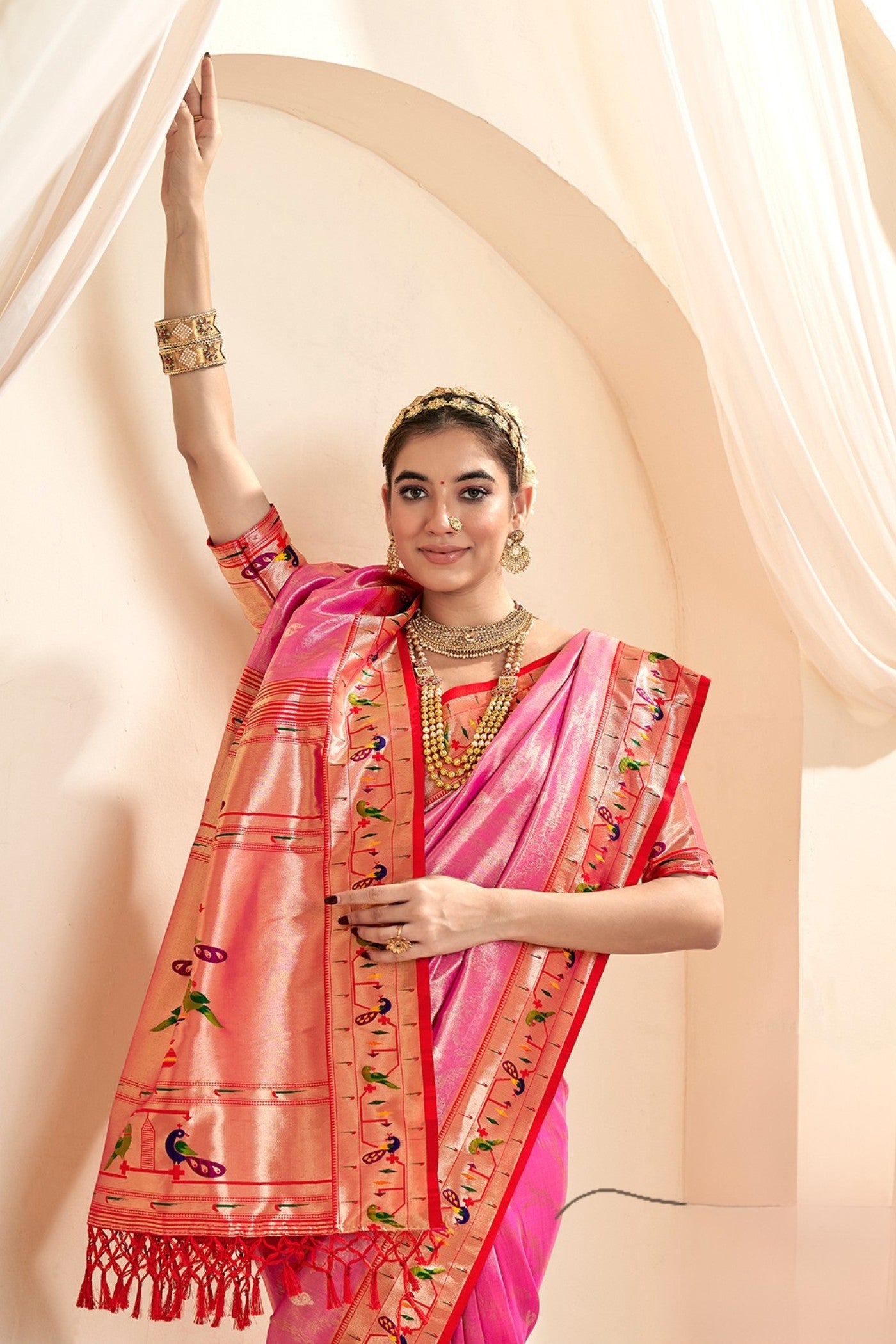 Buy MySilkLove Coral Pink Zari Woven Paithani Tissue Saree Online