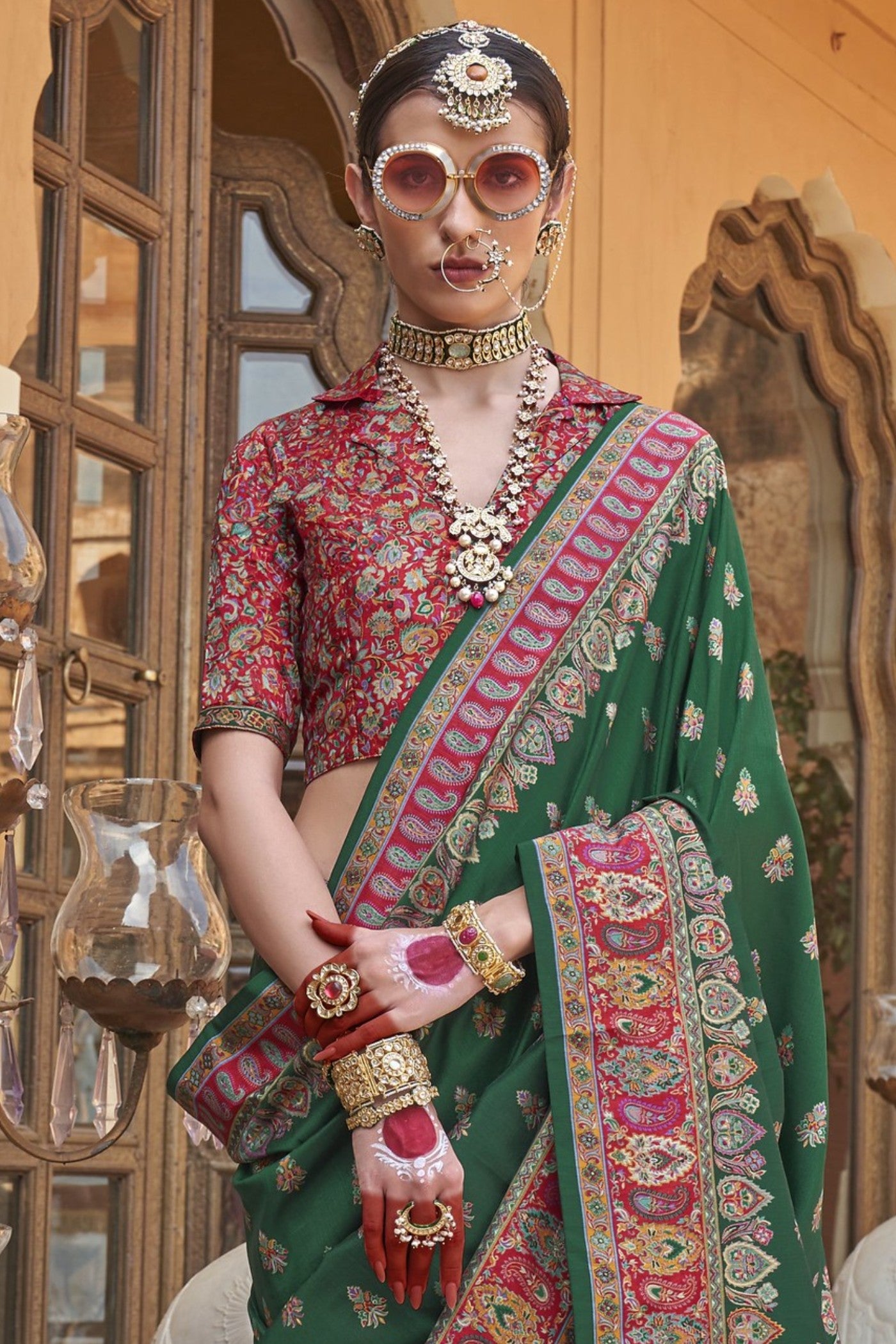 Buy MySilkLove Gladiolus Green Banarasi Jamawar Saree Online