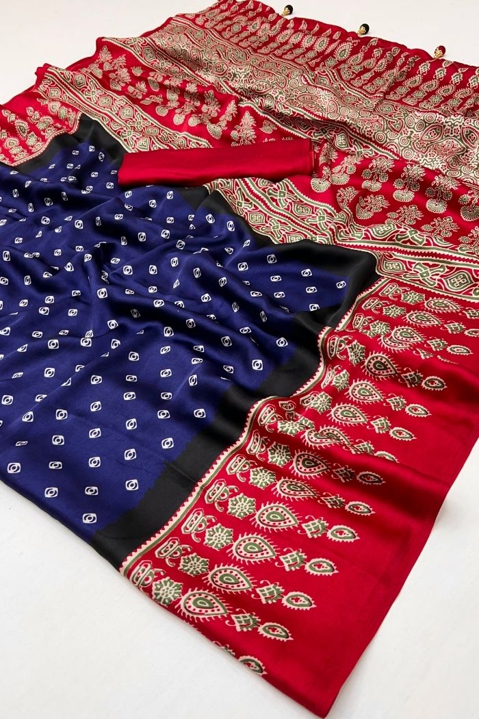 Buy MySilkLove Bismark Blue and Red Ajrakh Printed Satin Gaji Silk Saree Online
