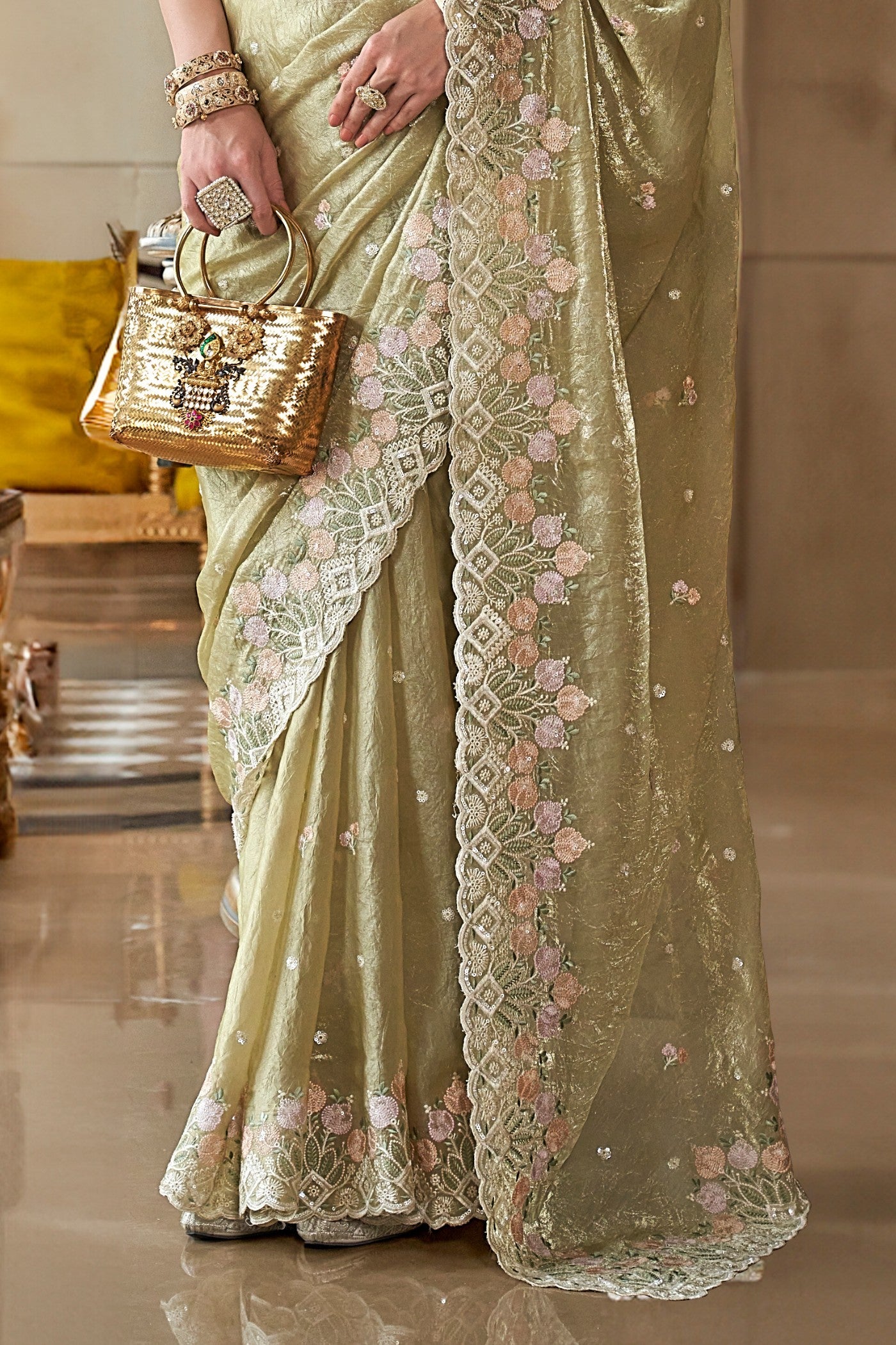 Buy MySilkLove Heathered Green Tissue Designer Saree Online