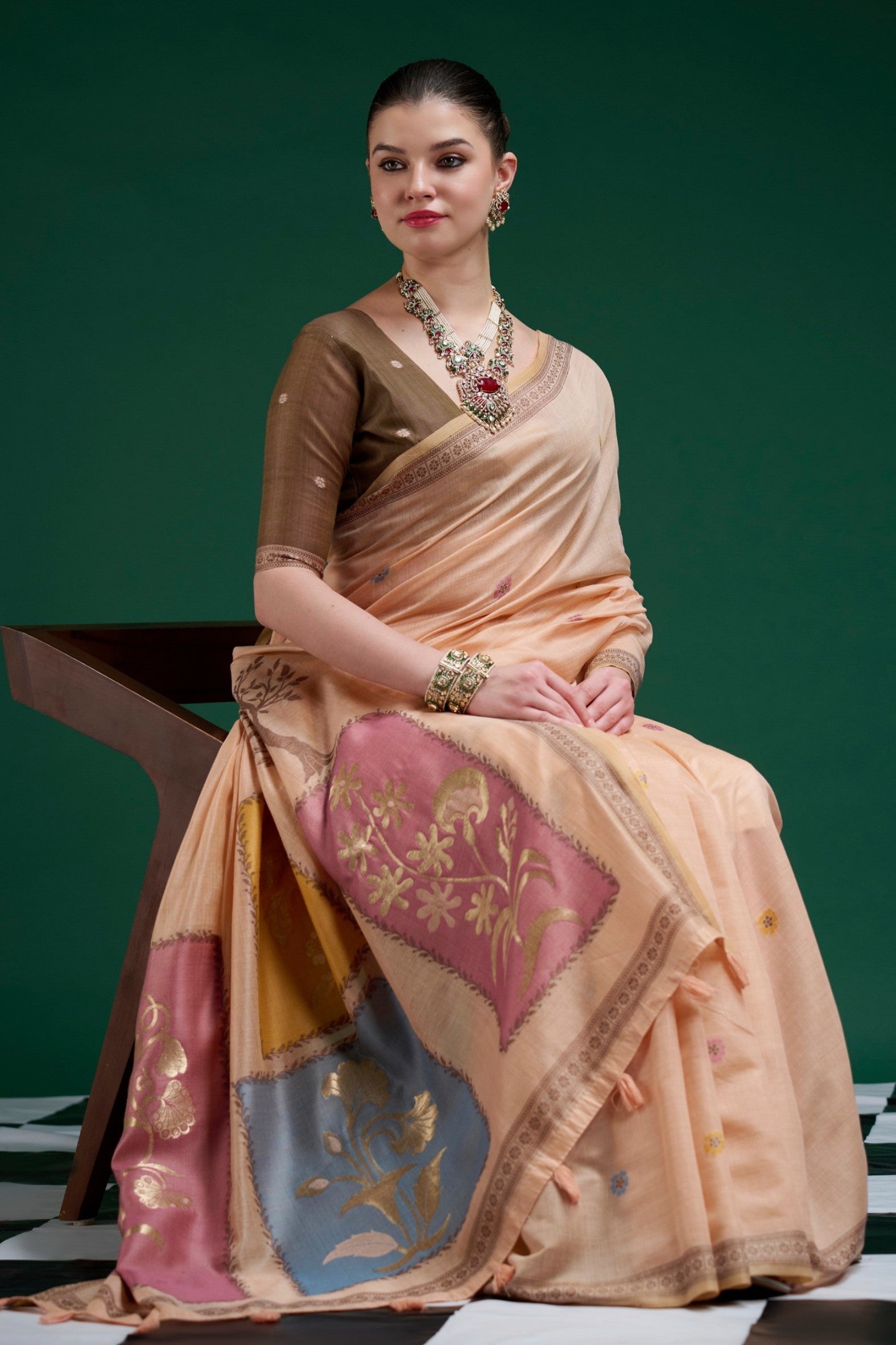 MySilkLove Plum Peach Jamdani Woven Muga Cotton Saree