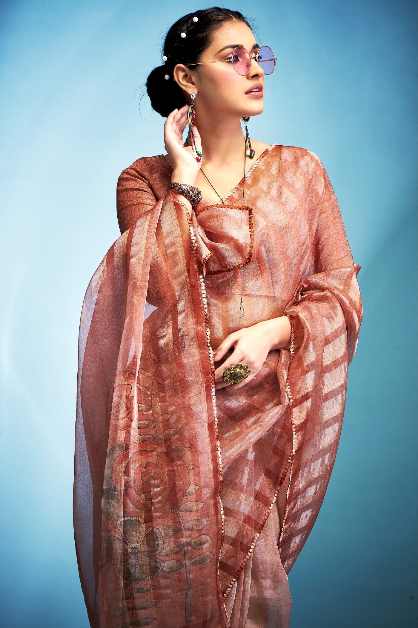 Buy MySilkLove Rust Orange Printed Tissue Saree Online