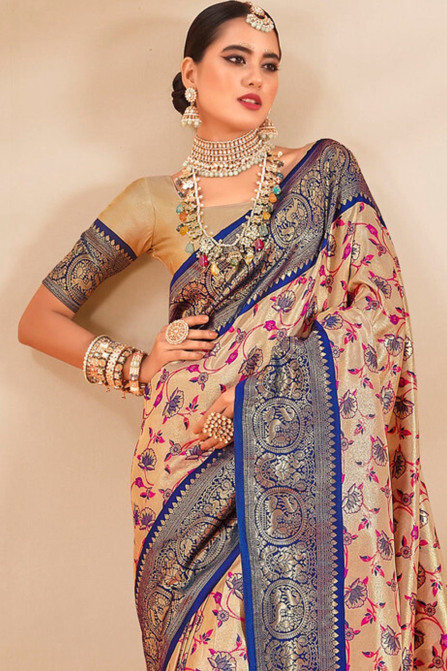 Buy MySilkLove Barley Cream and Blue Zari Woven Banarasi Saree Online