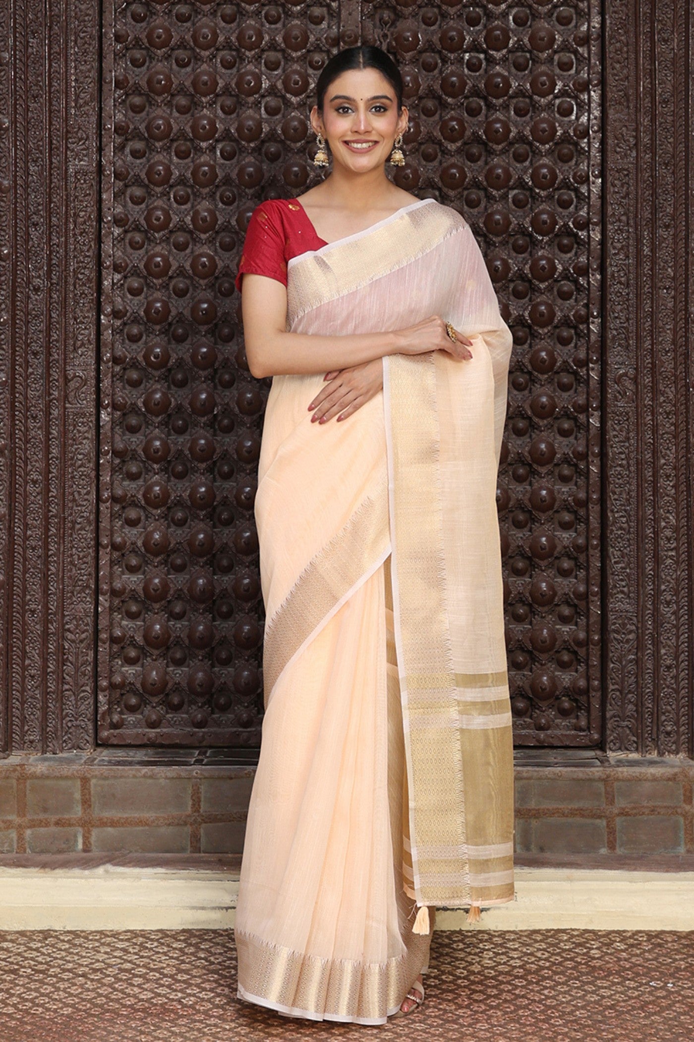 Buy MySilkLove Melon Peach Woven Cotton Saree Online