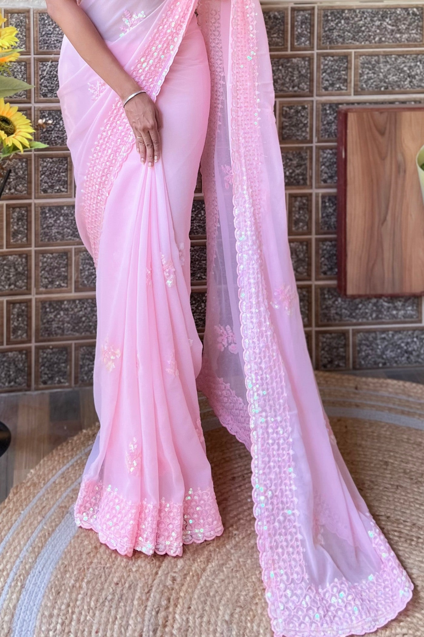 Buy MySilkLove Camellia Pink Embroidery Georgette saree Online