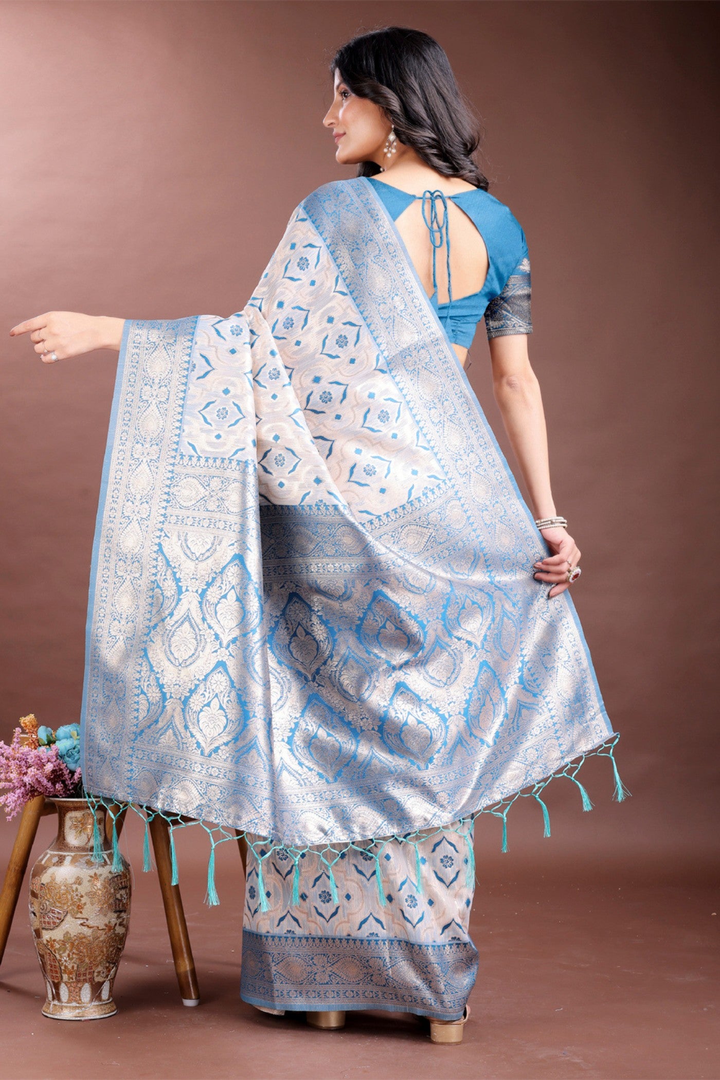 Buy MySilkLove Steel Blue and White Linen Cotton Saree Online