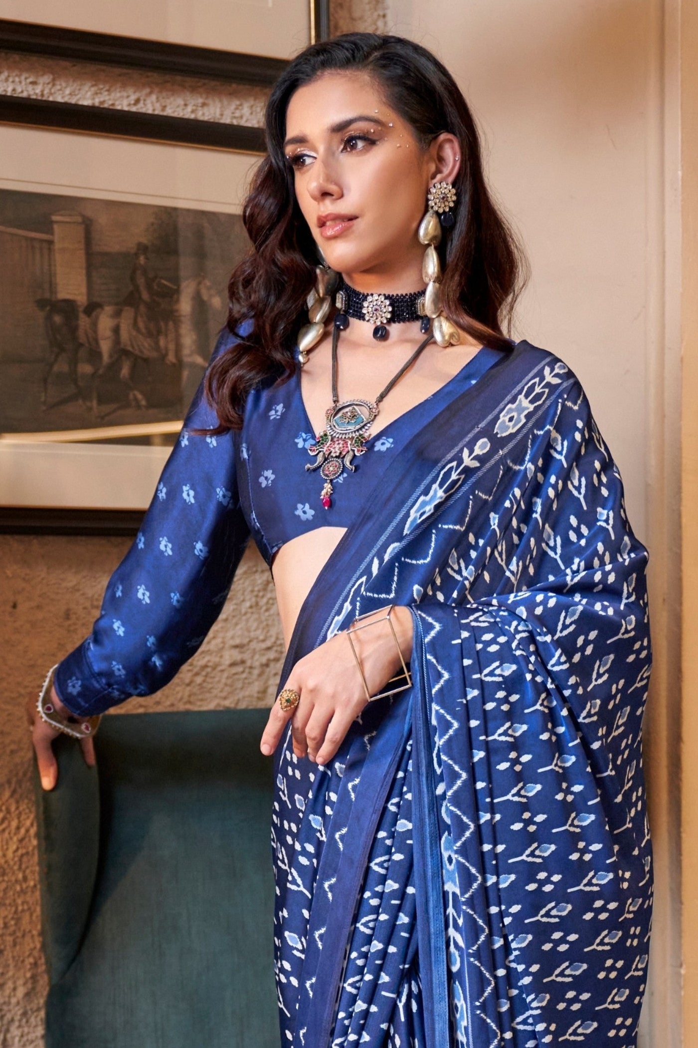 Buy MySilkLove Egyptian Blue Patola Printed Satin Crepe Saree Online