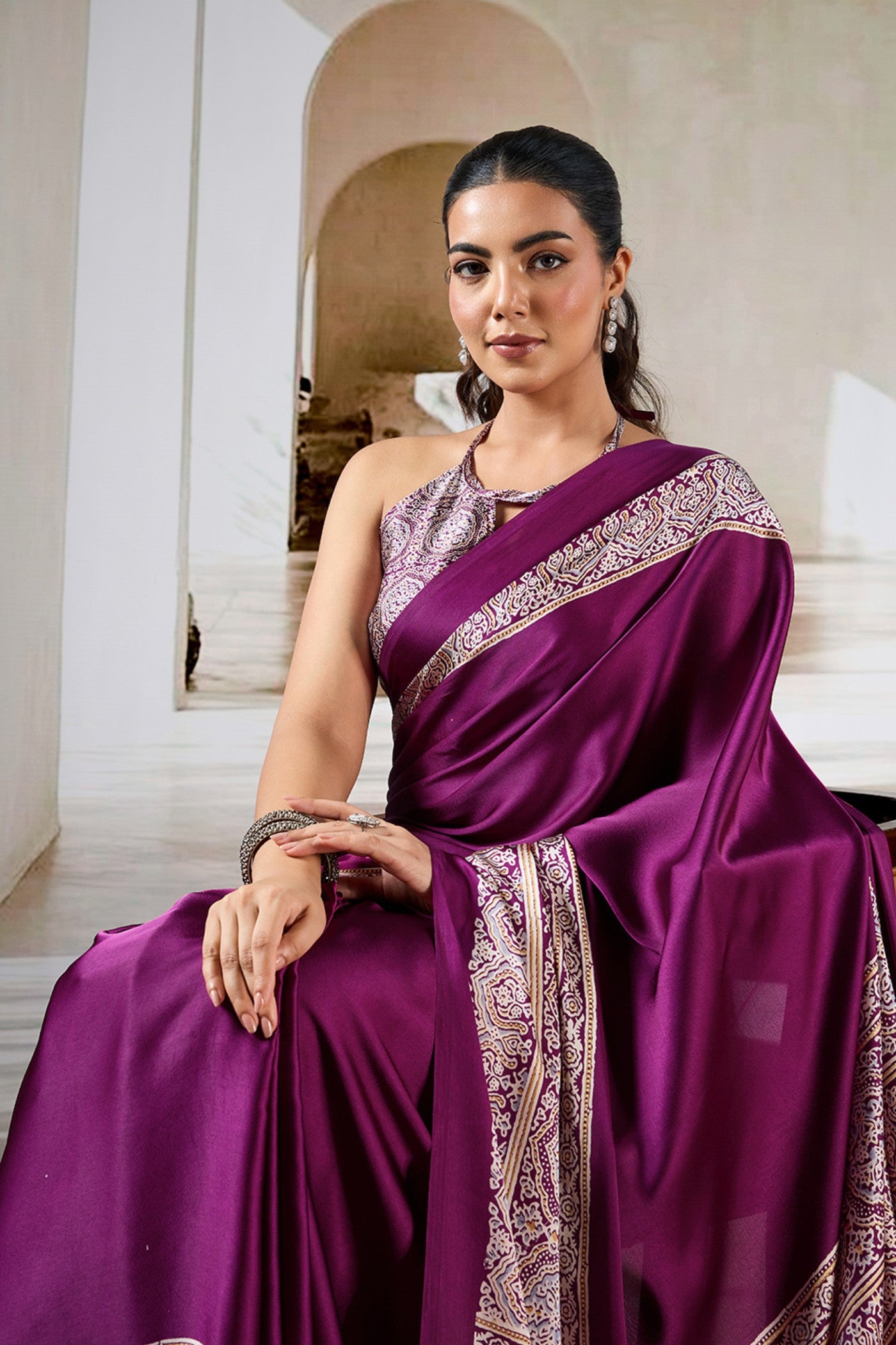 MySilkLove Purple pizzazz Ajrakh Printed Satin Crepe Silk Saree