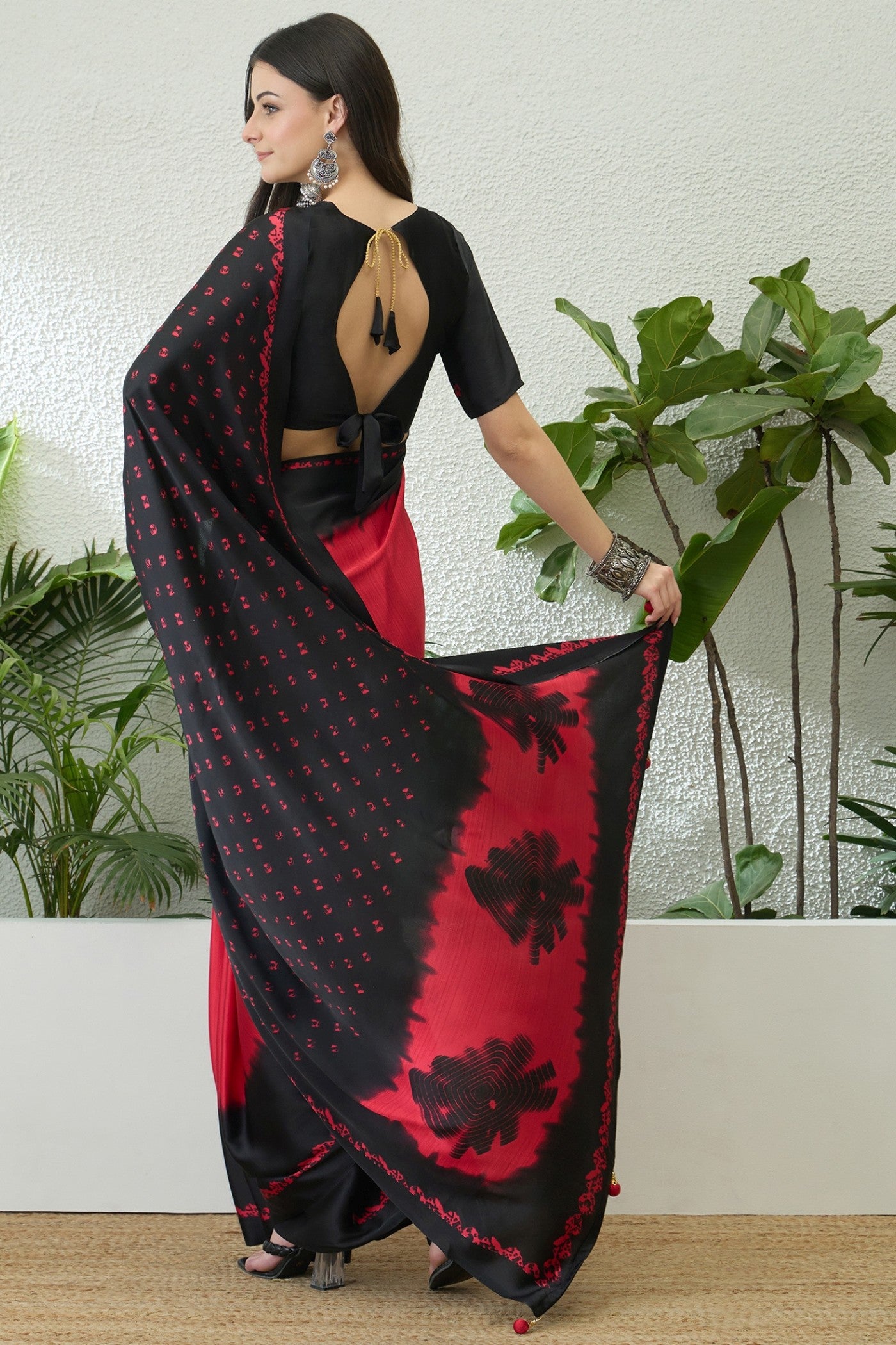 Buy MySilkLove Imperial Red and Black Printed Satin Crepe Silk Saree Online