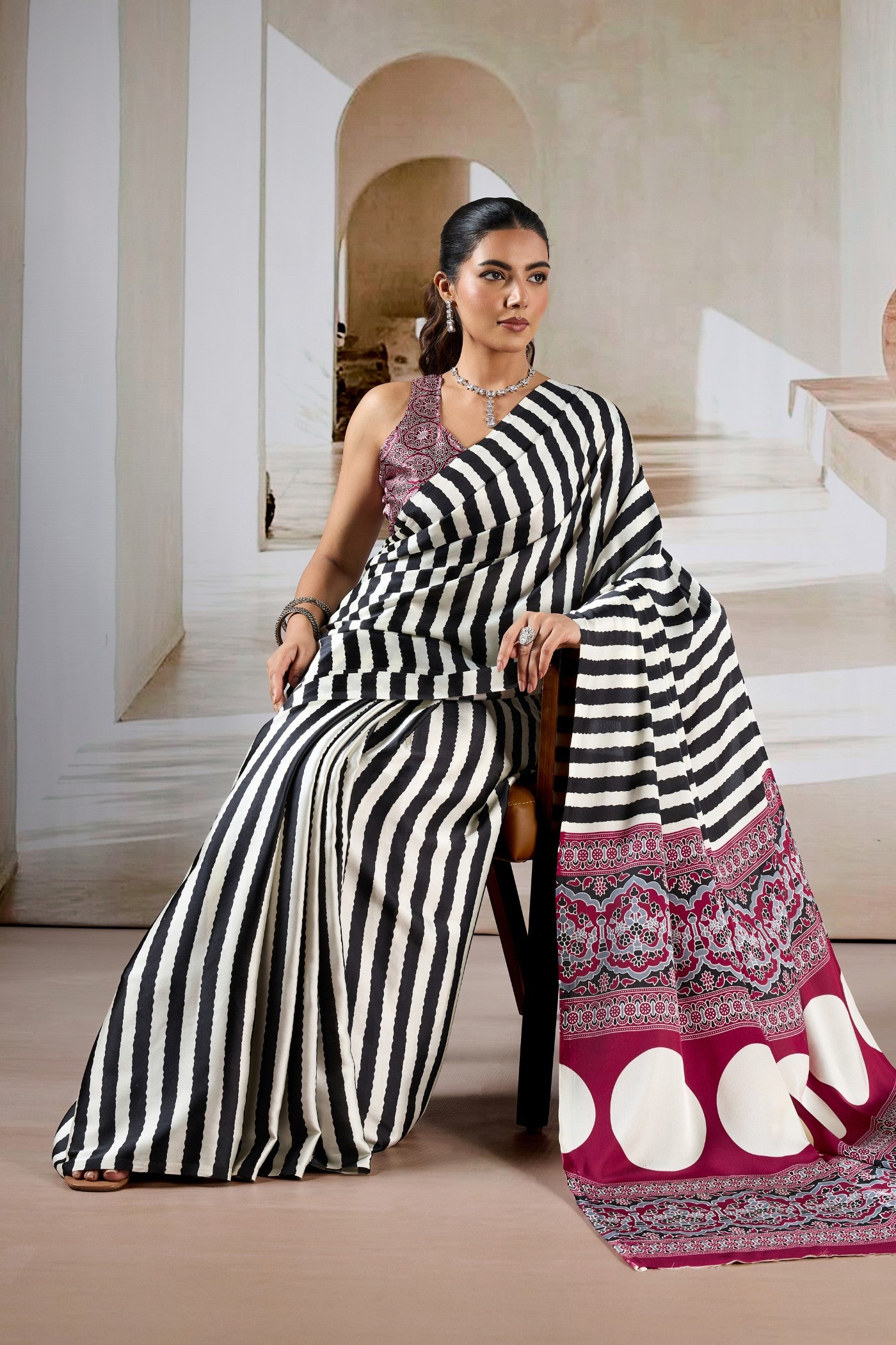 Buy MySilkLove Noir Black Stripe Ajrakh Printed Satin Crepe Silk Saree Online