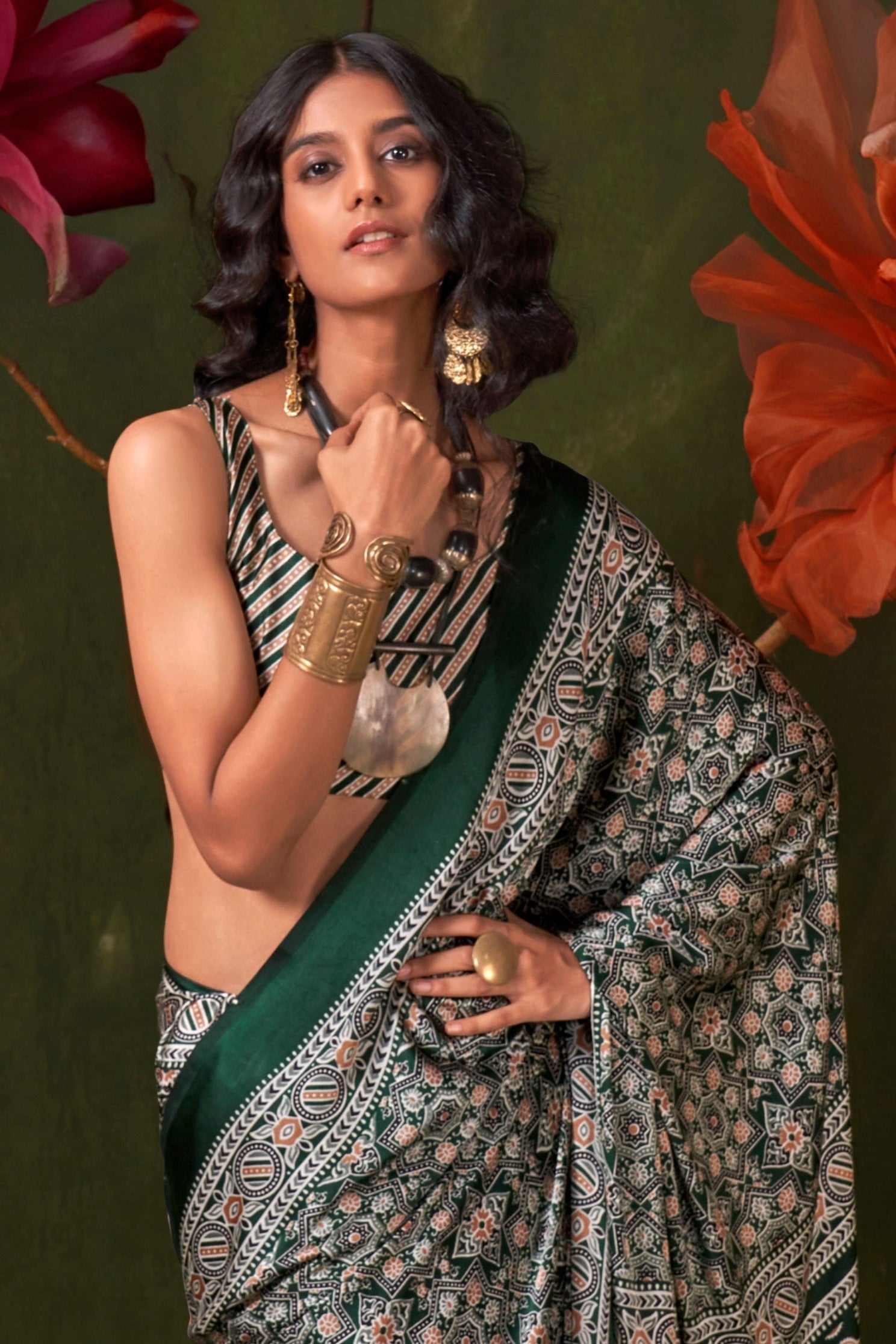 Buy MySilkLove Hunter Green Ajrakh Printed Satin Crepe Silk Saree Online