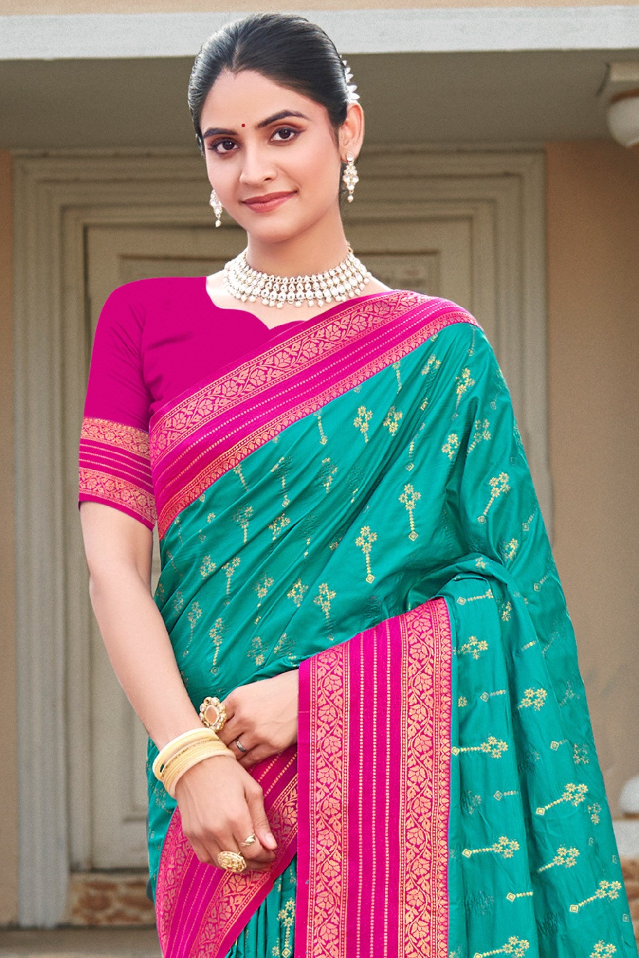 Buy MySilkLove Teal Blue and Pink Woven Banarasi Saree Online