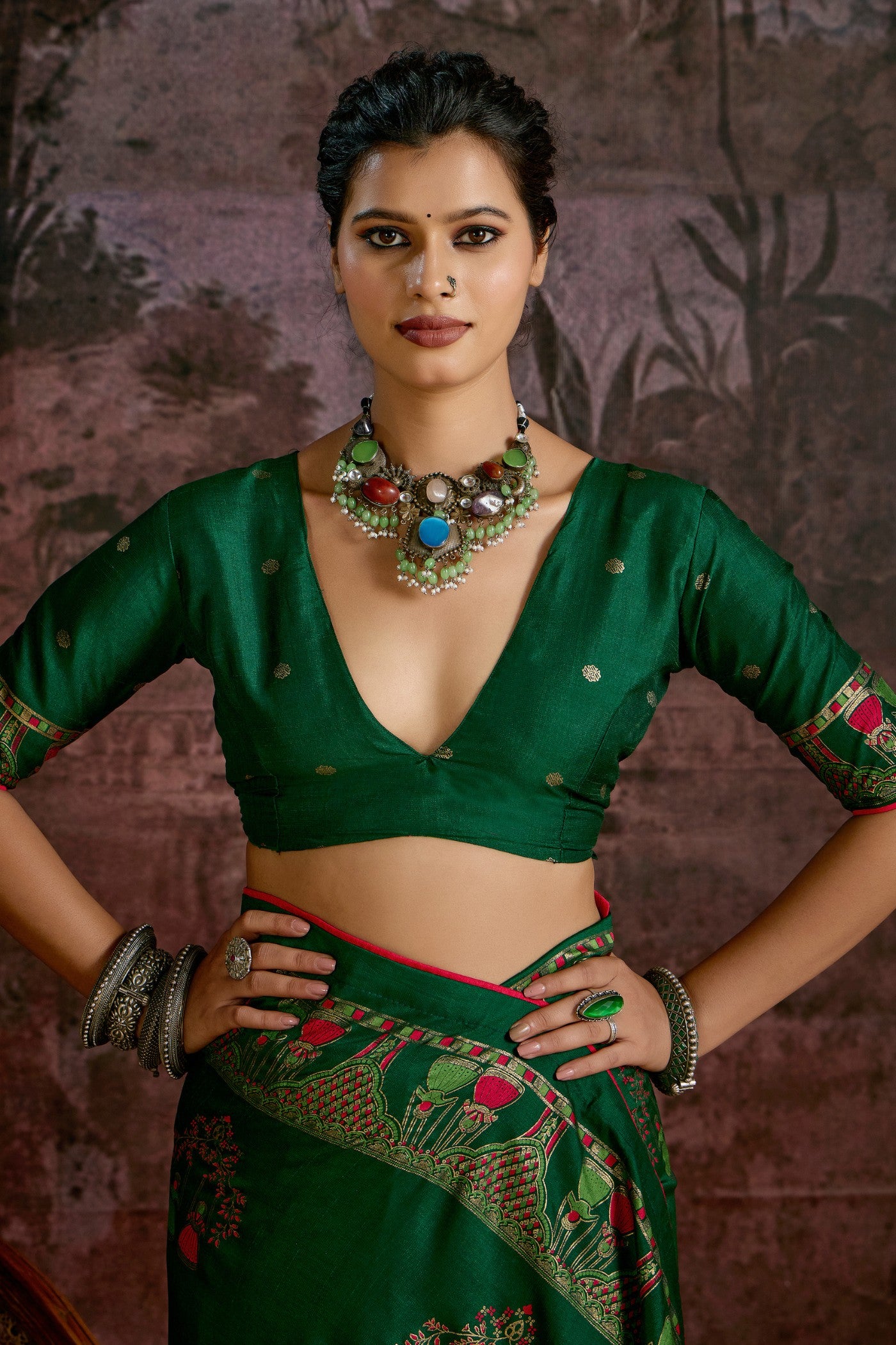 Buy MySilkLove Dark Leaf Green Tussar Rajwadi Printed Silk Saree Online