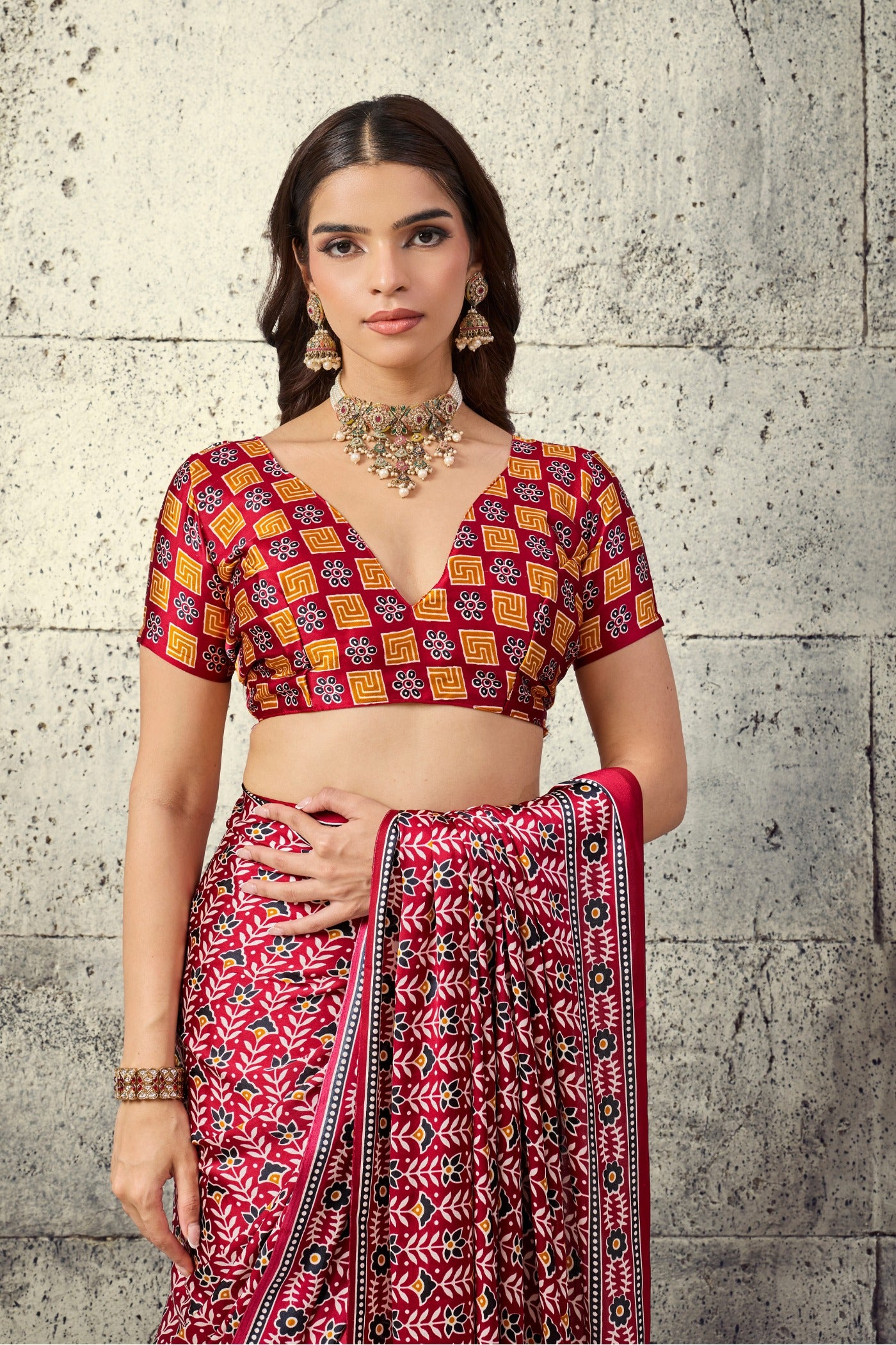 Buy MySilkLove Deep Maroon Modal Ajrakh Satin Printed Silk Saree Online