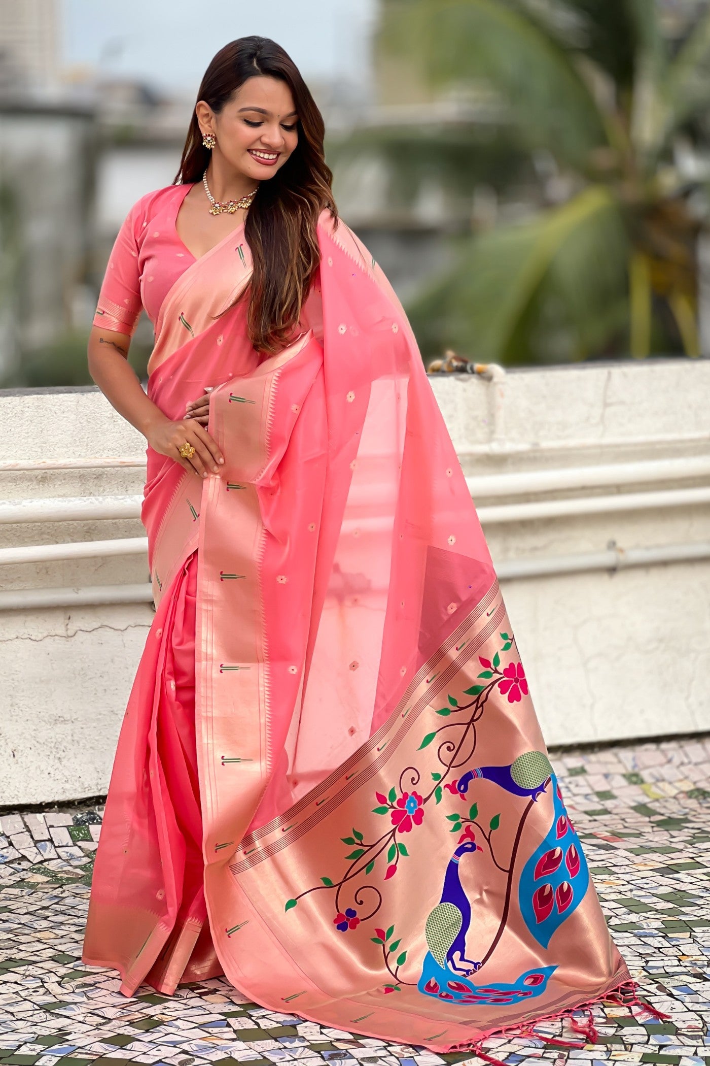 Buy MySilkLove Candy Pink Organza Woven Paithani Saree Online