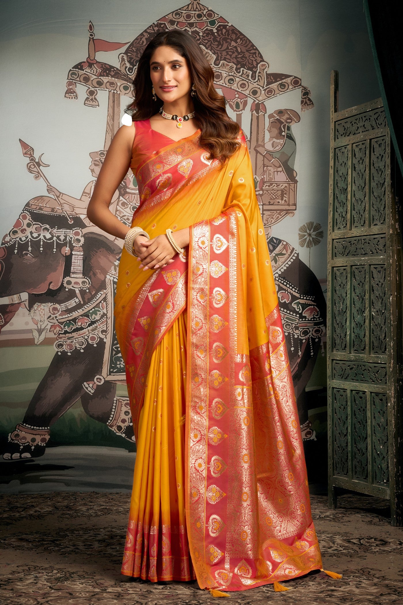 Buy MySilkLove Trombone Yellow Banarasi Soft Silk Saree Online
