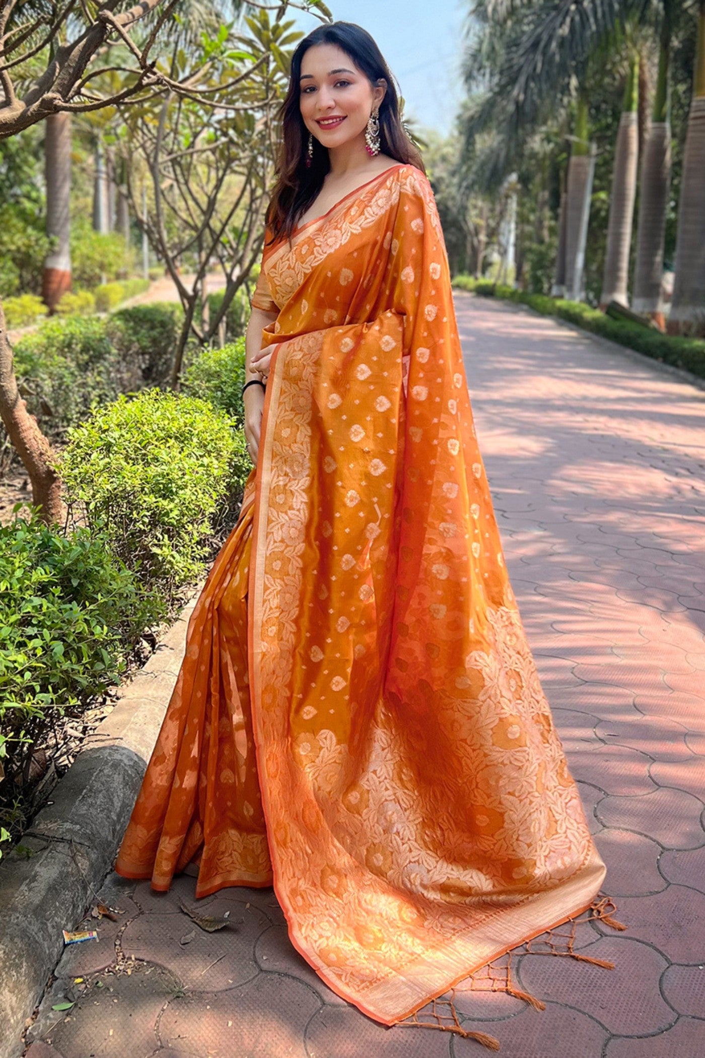 Buy MySilkLove Tan Orange Zari Woven Organza Saree Online