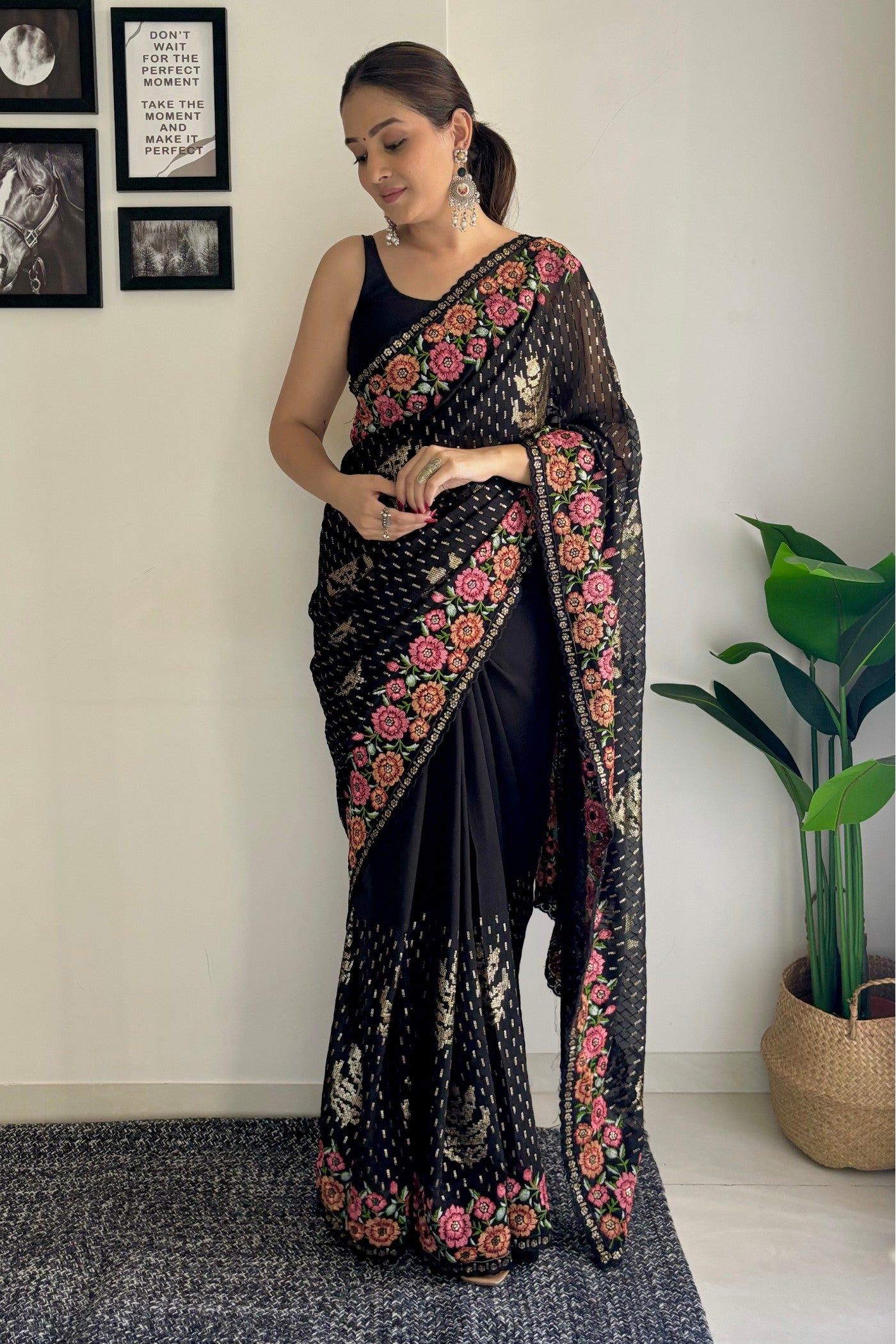 Buy MySilkLove Coral Black Embroidery Designer Georgette Saree Online