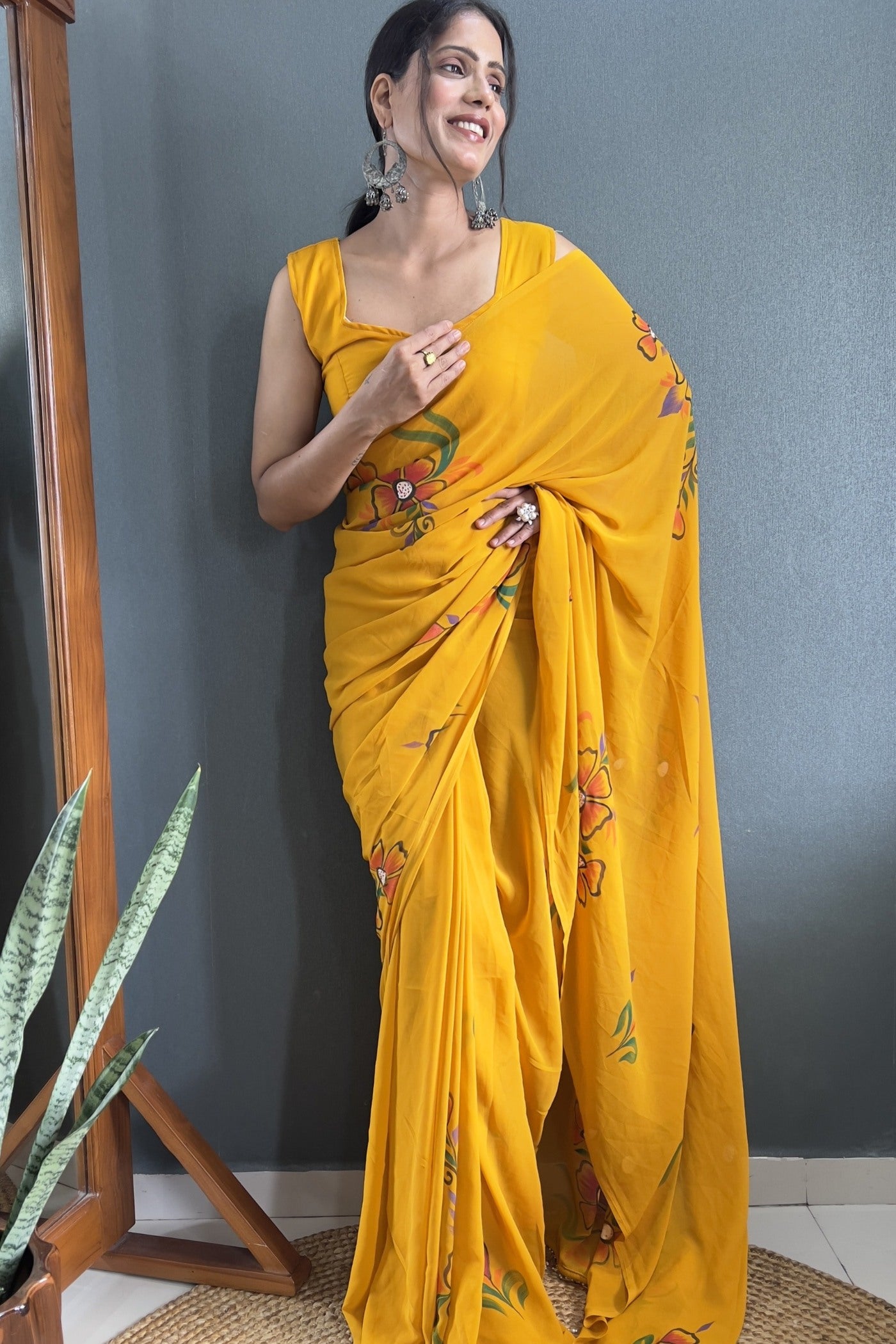 Buy MySilkLove Calla lily Yellow Hand Painted Georgette Saree Online