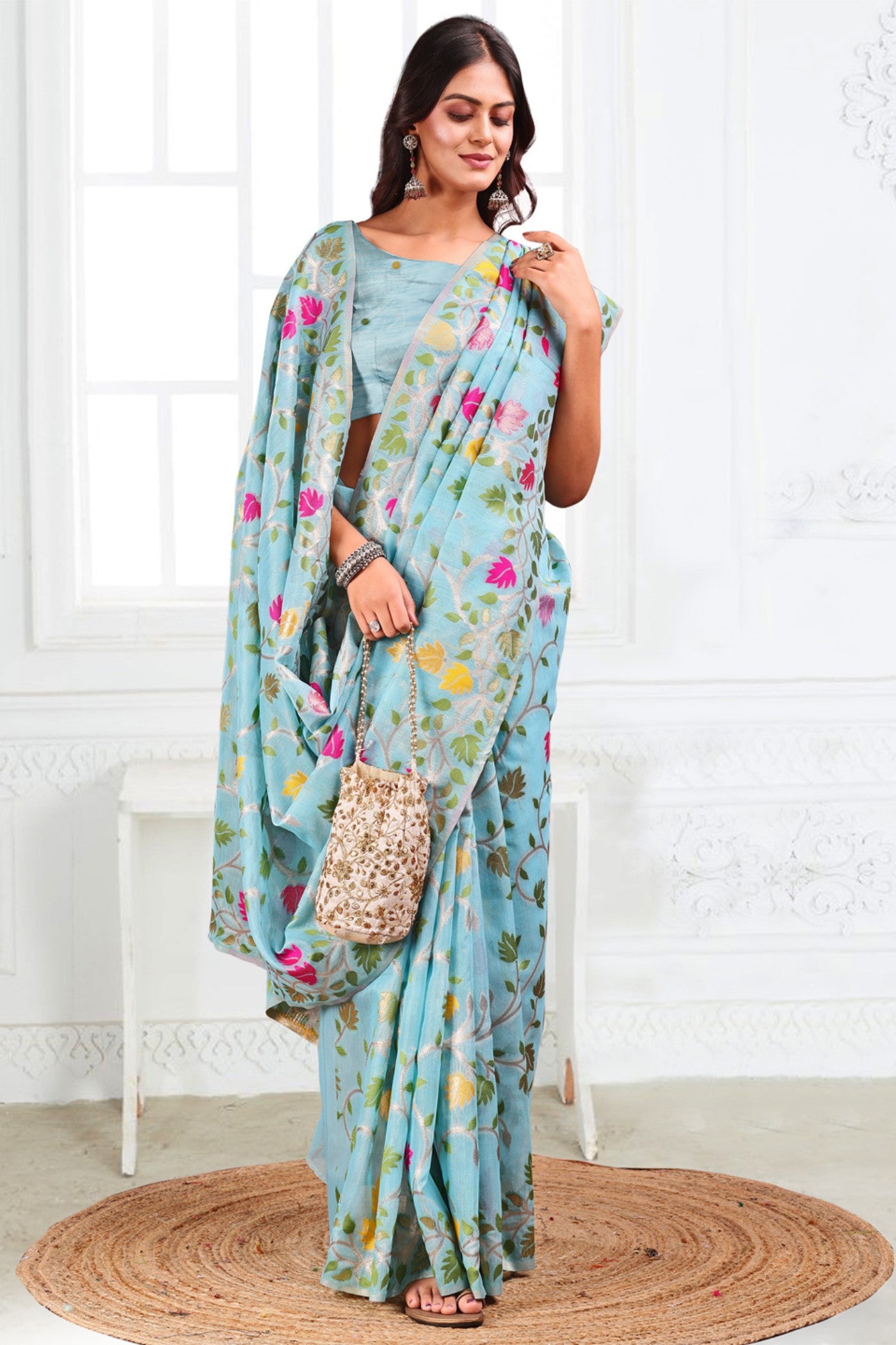 Buy MySilkLove Cloudy Blue Woven Linen Cotton Saree Online