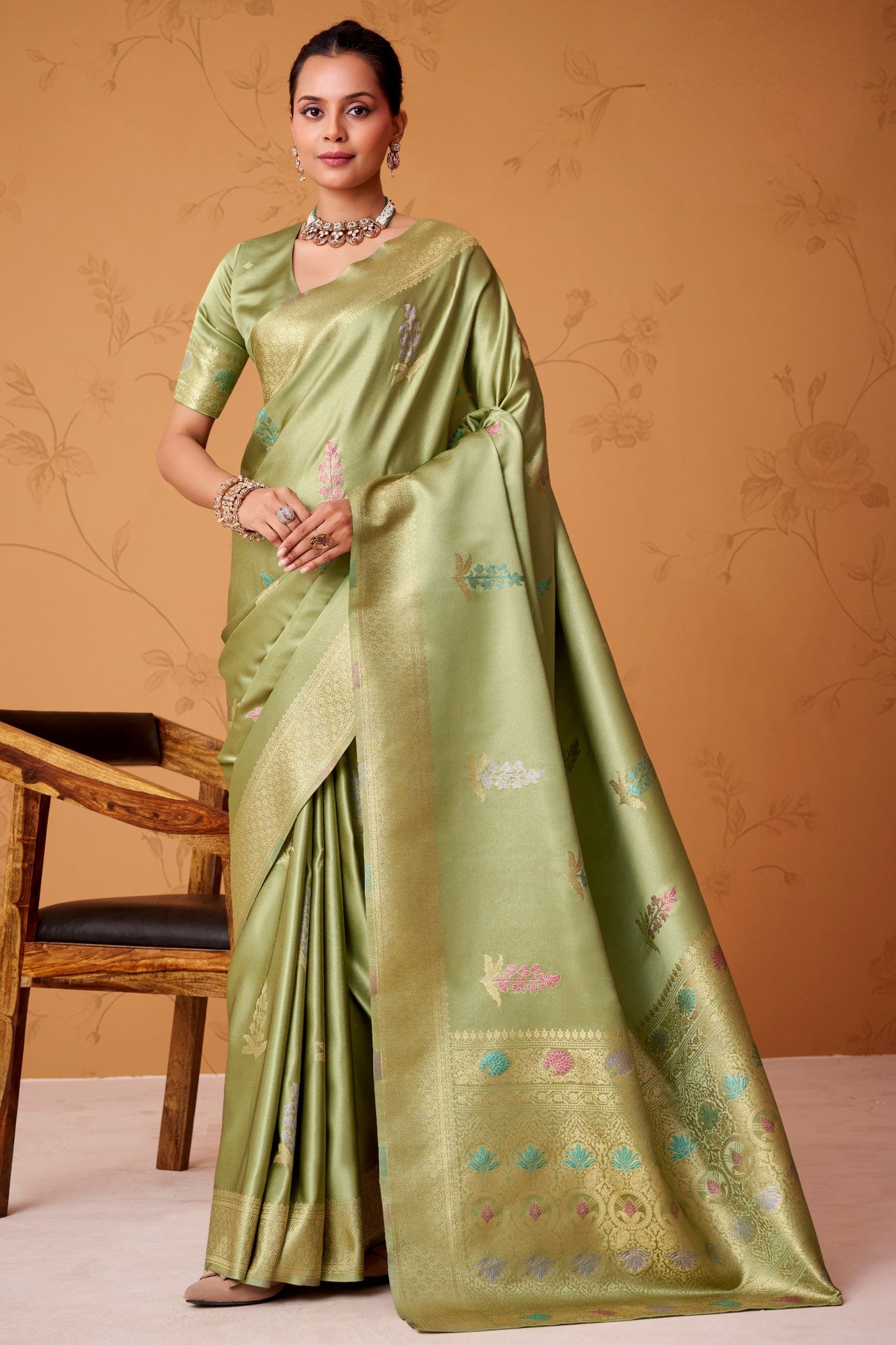 Buy MySilkLove Aquamarine Green Handloom Satin Silk Saree Online