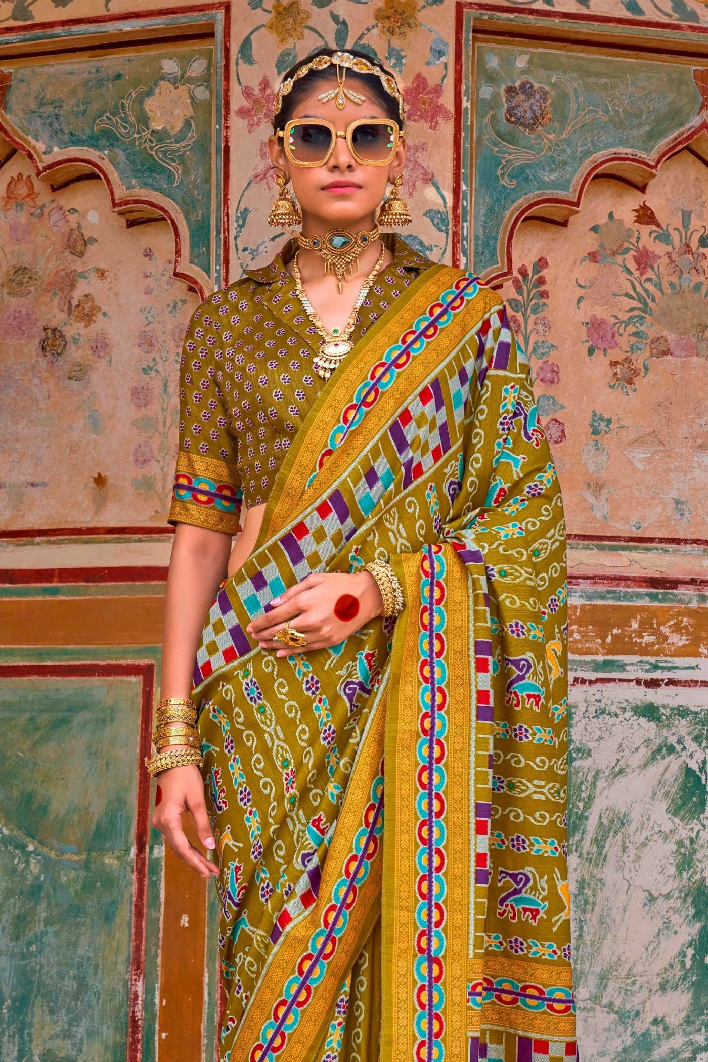 Buy MySilkLove Luxor Gold Green Printed Patola Saree Online