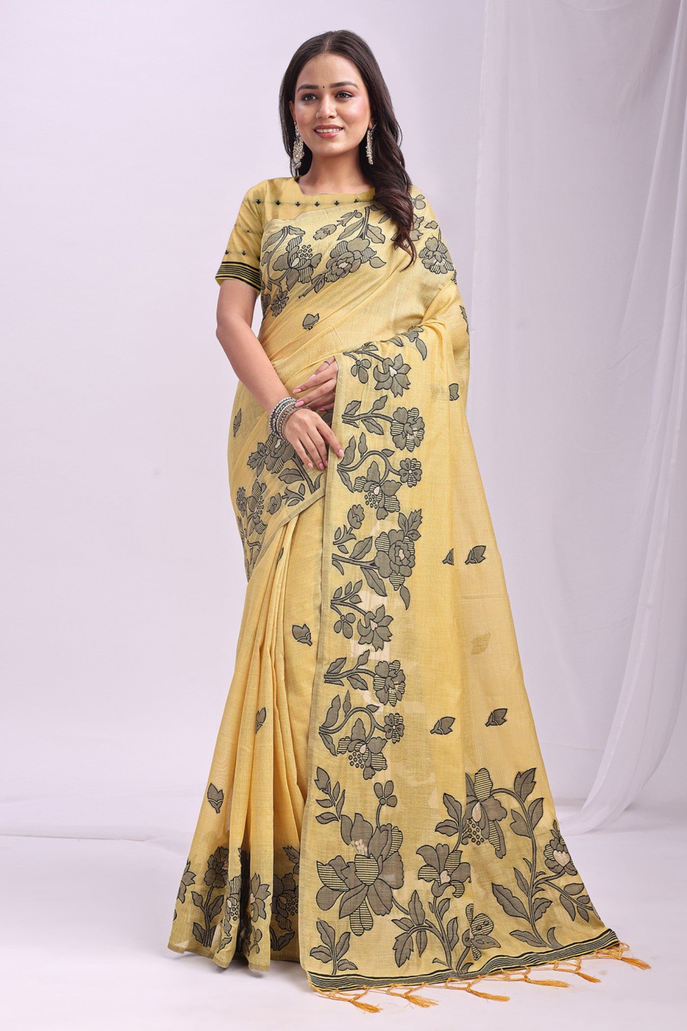 Buy MySilkLove Lemon Yellow Woven Linen Cotton Saree Online