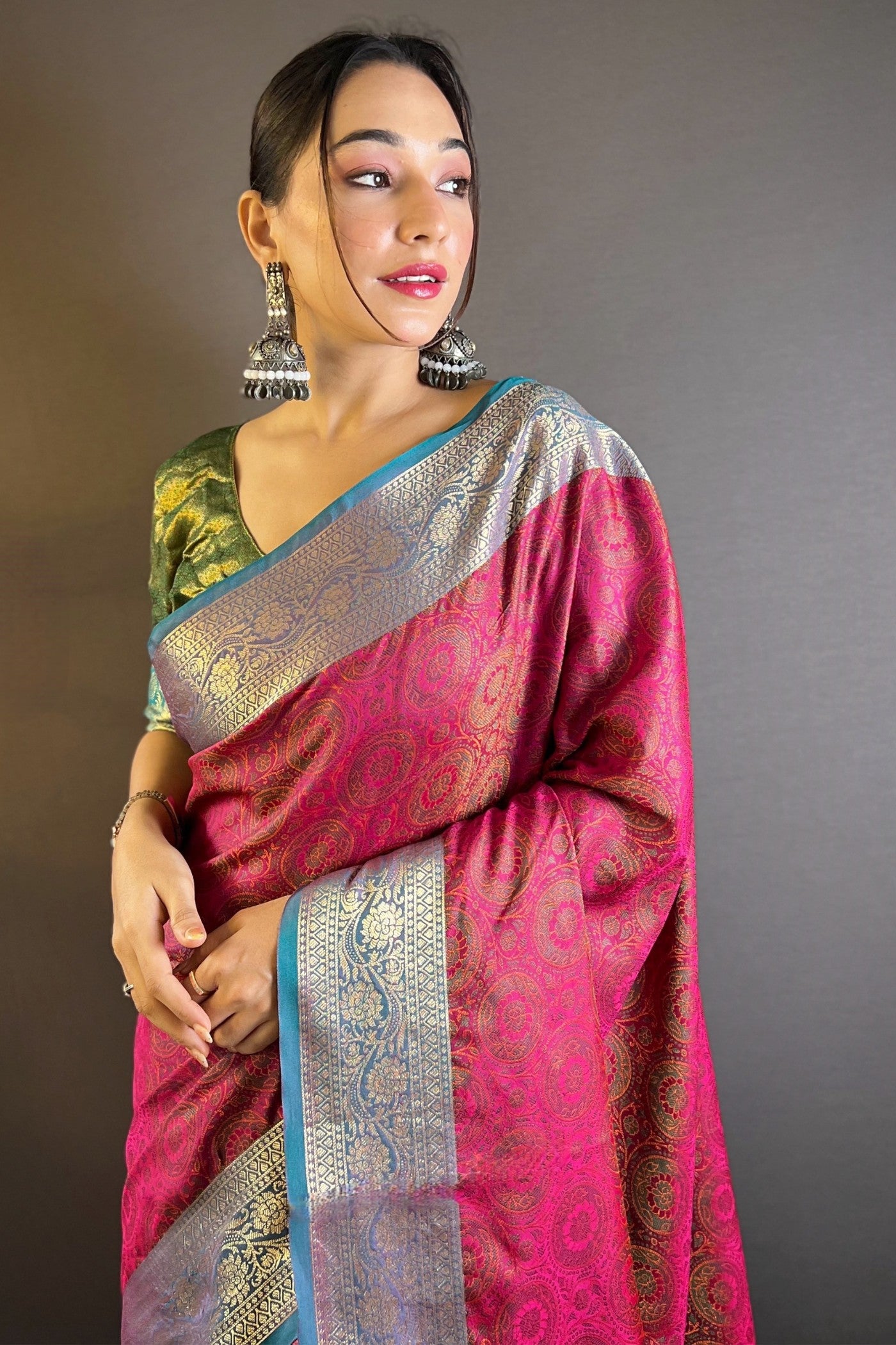 Buy MySilkLove Jazzberry Jam Pink Woven Banarasi Saree Online