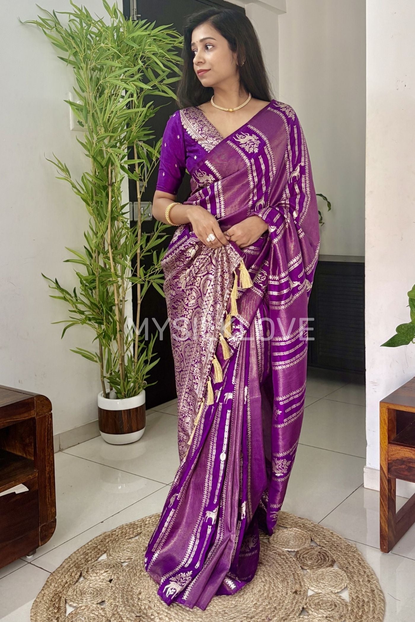 MySilkLove Brinjal Purple Deer Design Woven Banarasi Silk Saree Without Blouse
