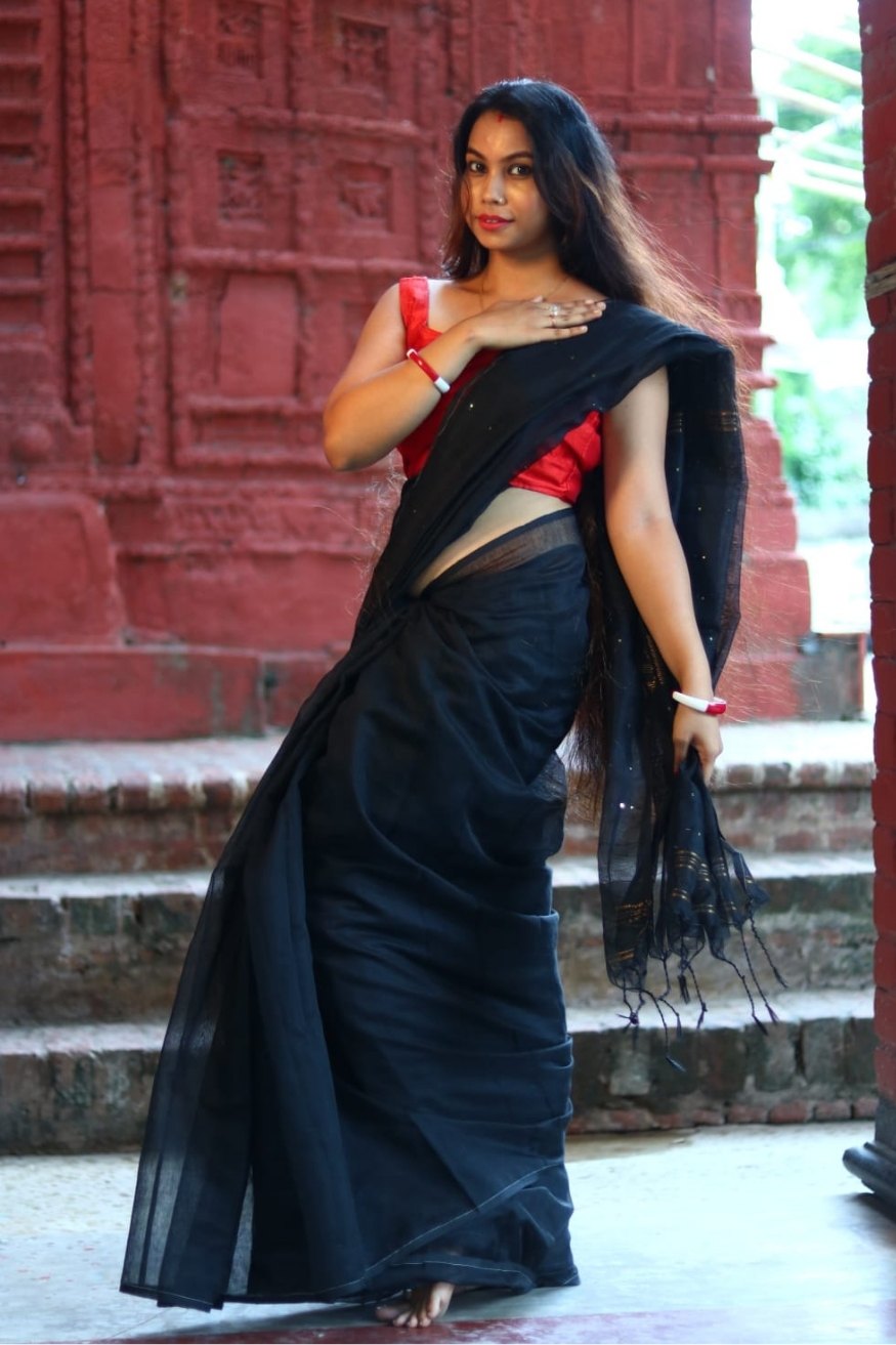 Buy MySilkLove Tuna Black Cotton Sequence Chumki Saree Online